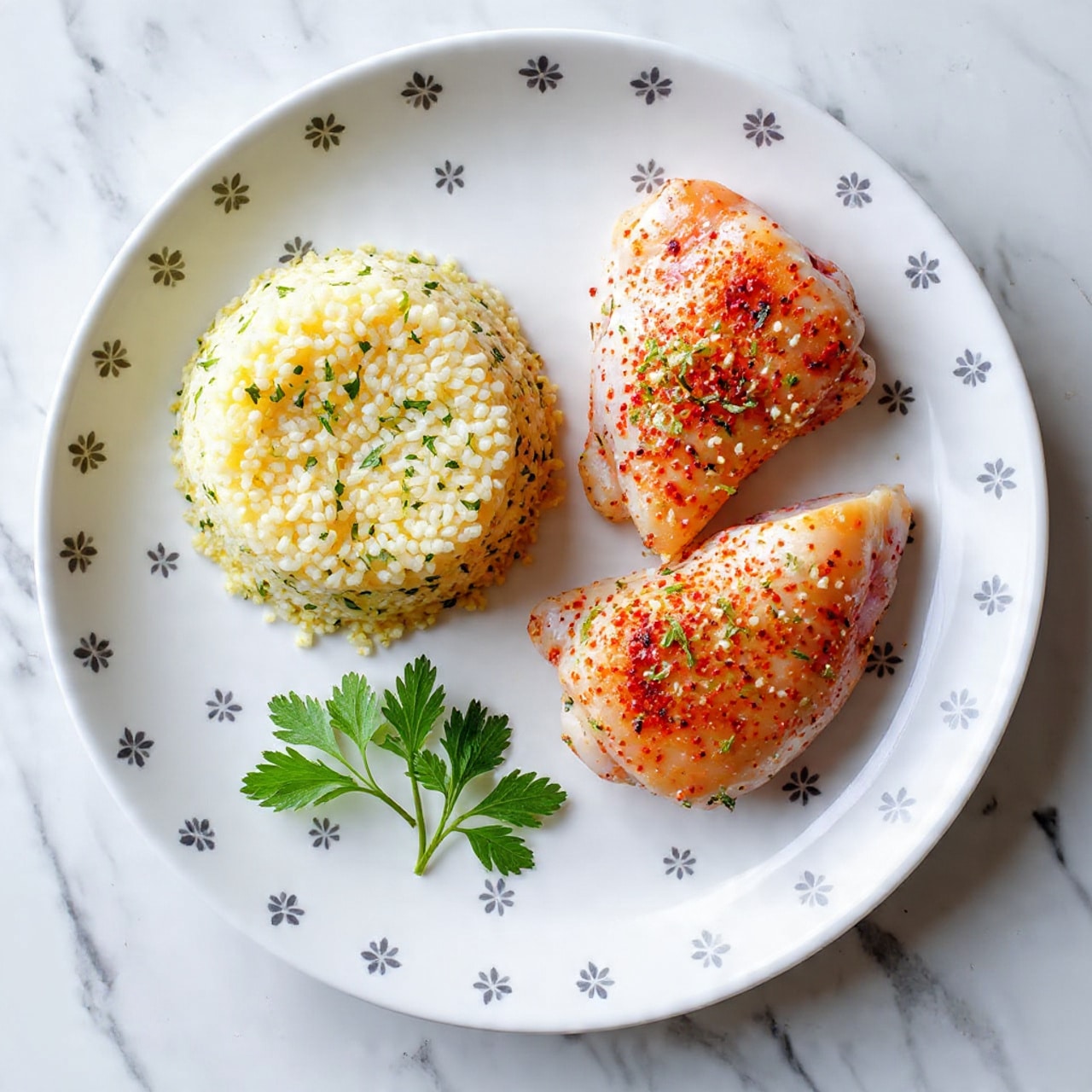 Two pieces of grilled chicken with a golden brown with dark charred spots crust, sprinkled with green herbs, sit on the right side of a white plate decorated with small black and cream flower patterns around the edge. On the left side of the plate, a pile of cooked rice mixed with small green herb pieces creates a textured off-white and green layer. A small bunch of fresh green parsley rests next to the rice on the bottom left side of the plate. The plate is set on a white marbled surface. Photo taken with an iphone --ar 4:5 --v 7