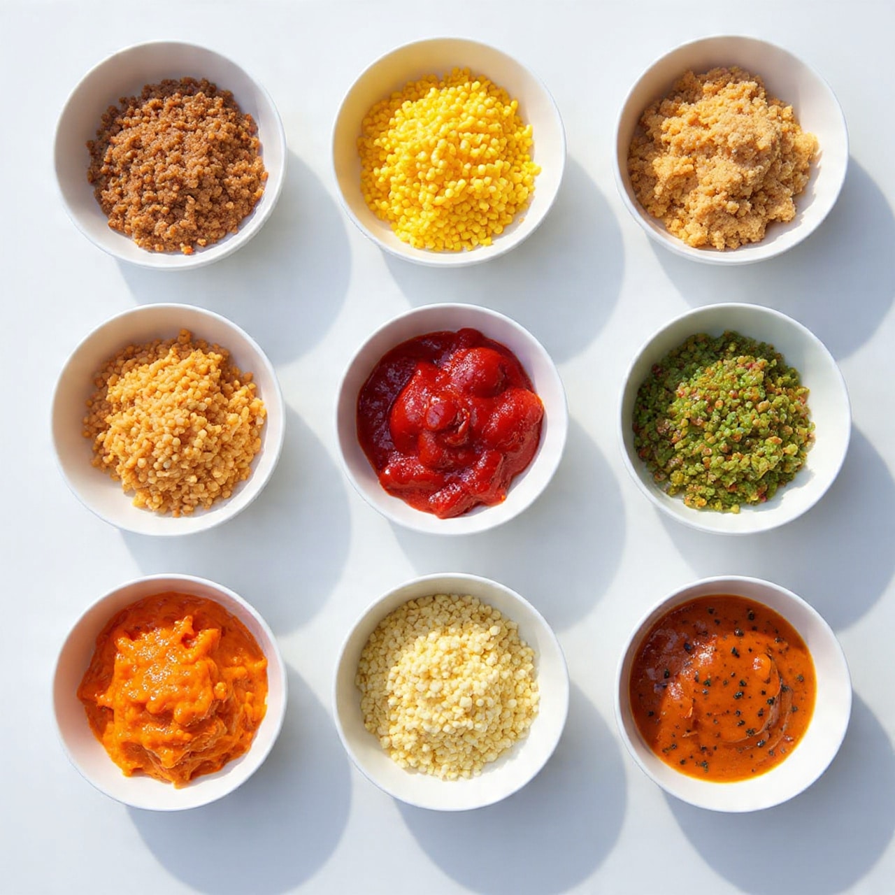 The image shows a collection of nine white dishes arranged on a white marbled surface, each with different fresh ingredients. Starting from the top left, there is a white bowl full of yellow curly pasta shells, next to it on the right is a white bowl with chunks of bright red and white lobster meat. Below those are two small white bowls, one with chopped green herbs and the other with a white liquid, likely cream or milk. Below the pasta is a white bowl holding several pieces of soft white cheese, and to its right is a white bowl with a small pile of shredded white cheese. Centered below the chopped herbs is a small white bowl containing coarse salt and black pepper. Below these, to the right is a small white bowl with red chili flakes and black ground pepper, and finally, at the bottom right, a white plate carries a block of pale yellow butter. Each item is clearly visible with neat textures and colors, photo taken with an iphone --ar 4:5 --v 7