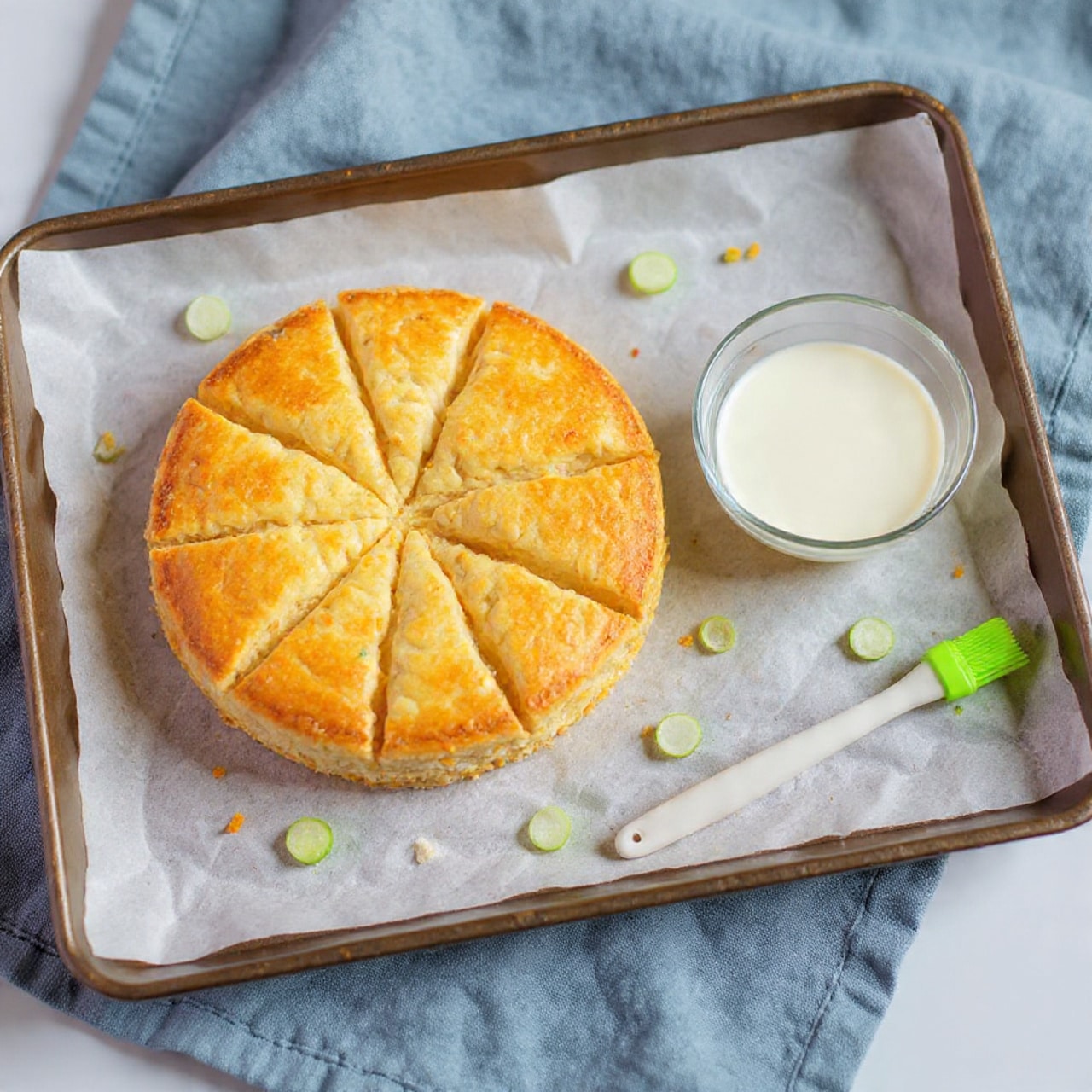 The image shows seven triangular pieces of golden-brown scones with small dark bits inside, arranged on crumpled white baking paper. The scones have a rough, crumbly texture with some green onion slices scattered on and around them. There is a blue cloth on the left side of the image, and the background is a white marbled surface. The scones are well baked with a slightly crispy top and a soft inside, and some green onion pieces add small bright green accents. photo taken with an iphone --ar 4:5 --v 7
