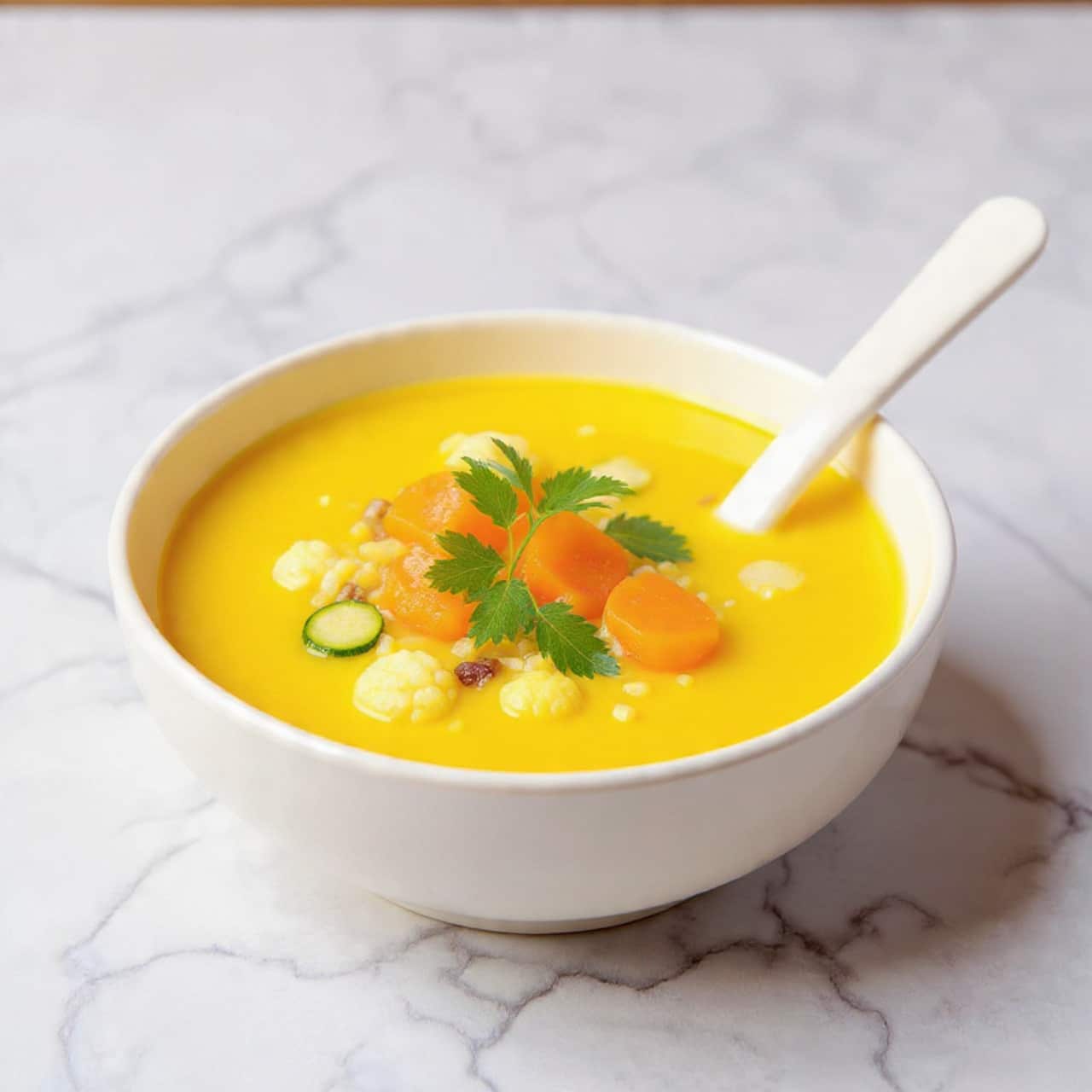 A bowl with a white color holds a creamy yellow soup filled with small pieces of orange carrots, green leafy vegetables, and round slices of zucchini with pale green skin and white inside. A white spoon rests inside the bowl, partially covered by the soup. The bowl sits on a white marbled surface with soft lighting that shows the smooth texture of the soup and the fresh look of the vegetables. photo taken with an iphone --ar 4:5 --v 7