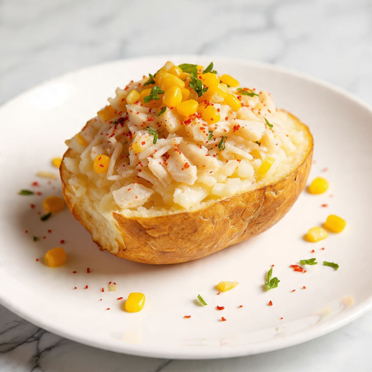 The image shows a top-down view of several ingredients neatly arranged on a white marbled surface, each in a small white bowl or plate. Two medium yellow potatoes with a smooth, slightly speckled skin are placed near the center. To the left, there is a white bowl filled with bright yellow corn kernels. To the right of the potatoes, a clear container holds shredded white meat, and next to it is a small white bowl filled with fresh green parsley leaves. Below, a medium white bowl contains a creamy white ingredient, likely sour cream or mayonnaise. To the bottom left, a square slab of pale yellow butter sits on a small white plate. Nearby, a small white saucer holds chopped red chili, black pepper, and white pepper. Another small white plate holds a bright red chili pepper and a tiny white bowl of salt. The setup is clean and well-organized, with each ingredient clearly visible and separated. photo taken with an iphone --ar 4:5 --v 7