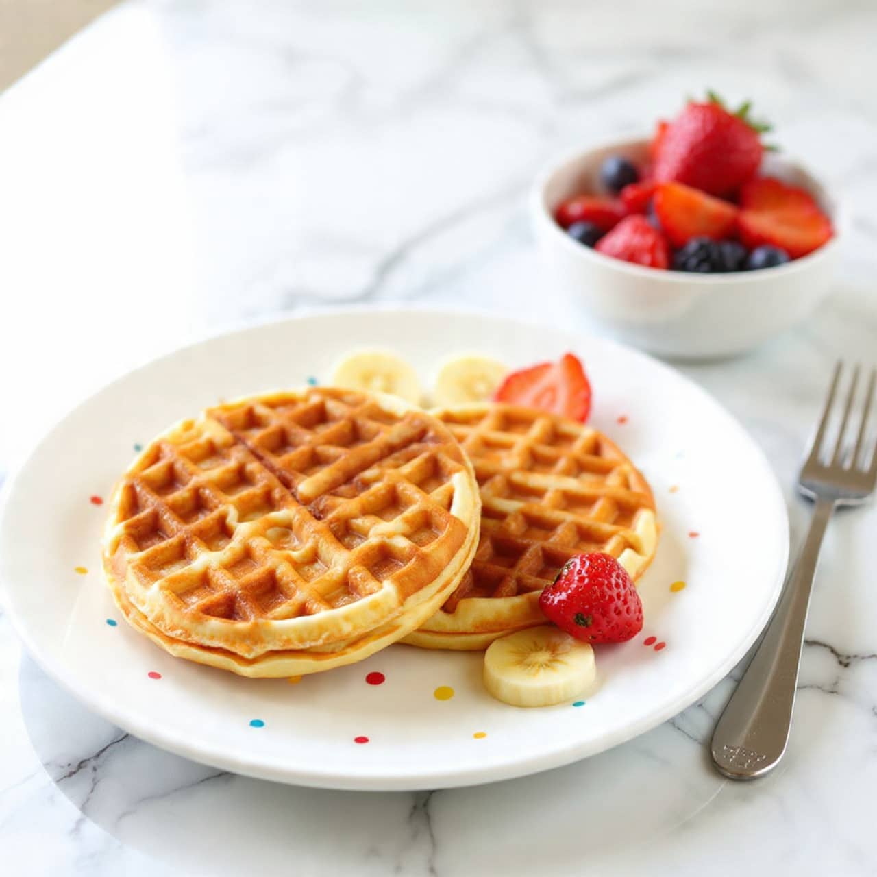 A white plate with small colorful dots holds two golden brown waffles with a square grid pattern. On top of the waffles, there are sliced strawberries placed near the edges and round banana slices spread over. A silver fork is resting on the plate's right side. Nearby, there is a smaller white plate filled with more banana slices and strawberry pieces. The whole scene is set on a white marbled surface, with soft natural light coming from the top left. photo taken with an iphone --ar 4:5 --v 7