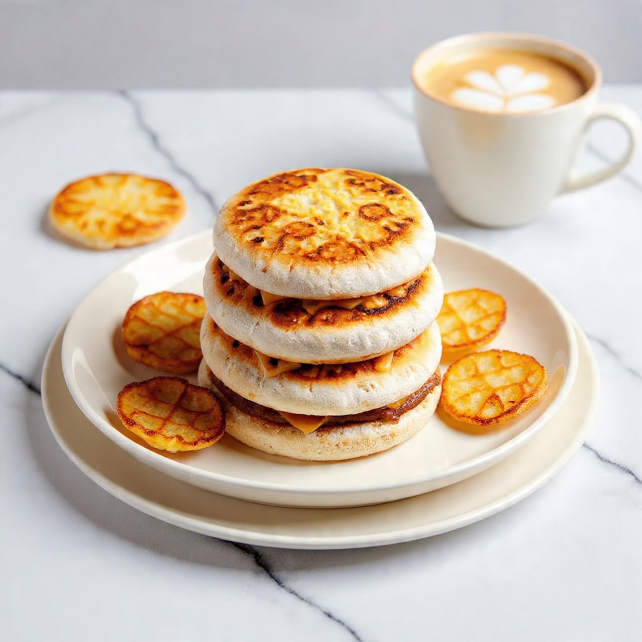 The image shows a white round plate on a white marbled surface. On the plate, there are three English muffin sandwiches stacked in layers. Each sandwich has two light brown toasted English muffin halves with a rough texture. Inside each sandwich is a dark brown round sausage patty and a light yellow melted cheese slice. Around the sandwiches, there are three golden brown hash brown patties with a crunchy, grid-like texture. In the background, there is a white cup with coffee topped with frothy cream and part of another sandwich. The photo taken with an iphone --ar 4:5 --v 7