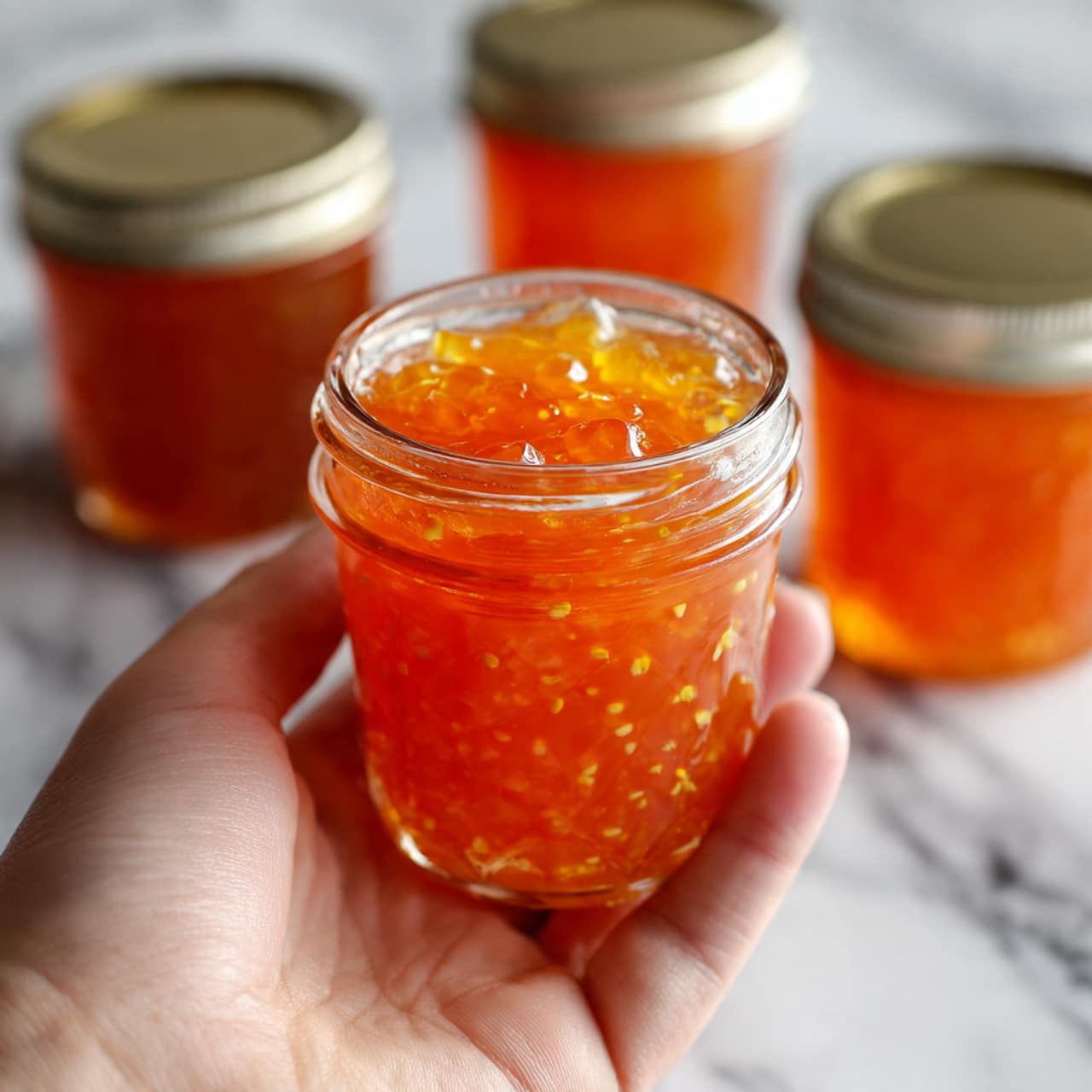 A close-up image of a woman's hand holding a small clear glass jar filled with bright orange jelly-like preserves, dotted with small yellow seeds inside. The jar is topped with a silver metal lid and the background shows more similar jars out of focus. The surface beneath is a white marbled texture. Photo taken with an iphone --ar 4:5 --v 7