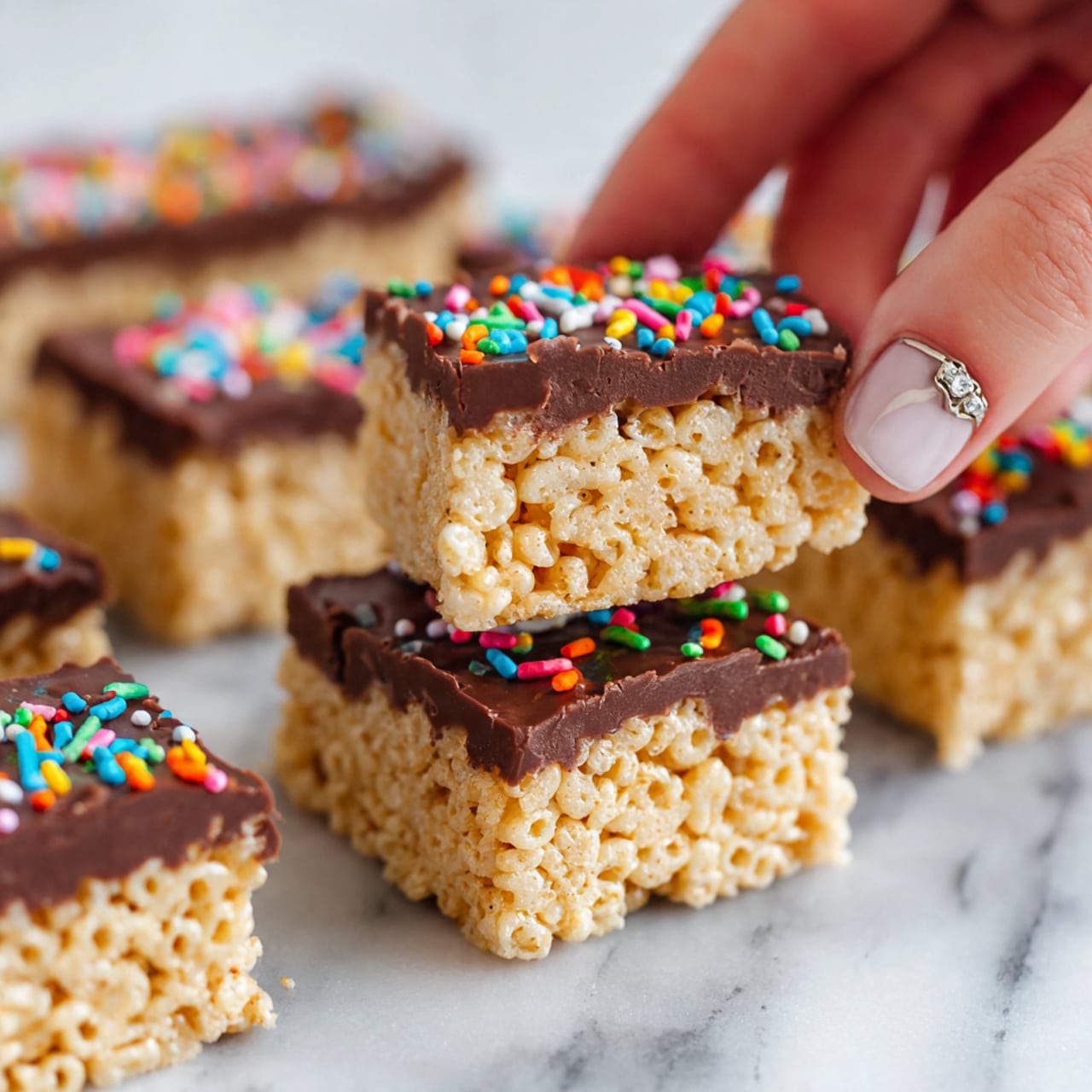 A close-up image shows several rectangular rice cereal treats arranged on a white marbled surface. Each treat has a light golden-brown, textured top layer of puffed rice cereal, and the bottom part is dipped in smooth, shiny brown chocolate. The chocolate section is decorated with colorful bright sprinkles scattered on its surface, adding a playful contrast to the treat. A woman's hand with a silver ring is holding one treat from above, gently lifting it, showing the texture and size clearly. Photo taken with an iphone --ar 4:5 --v 7