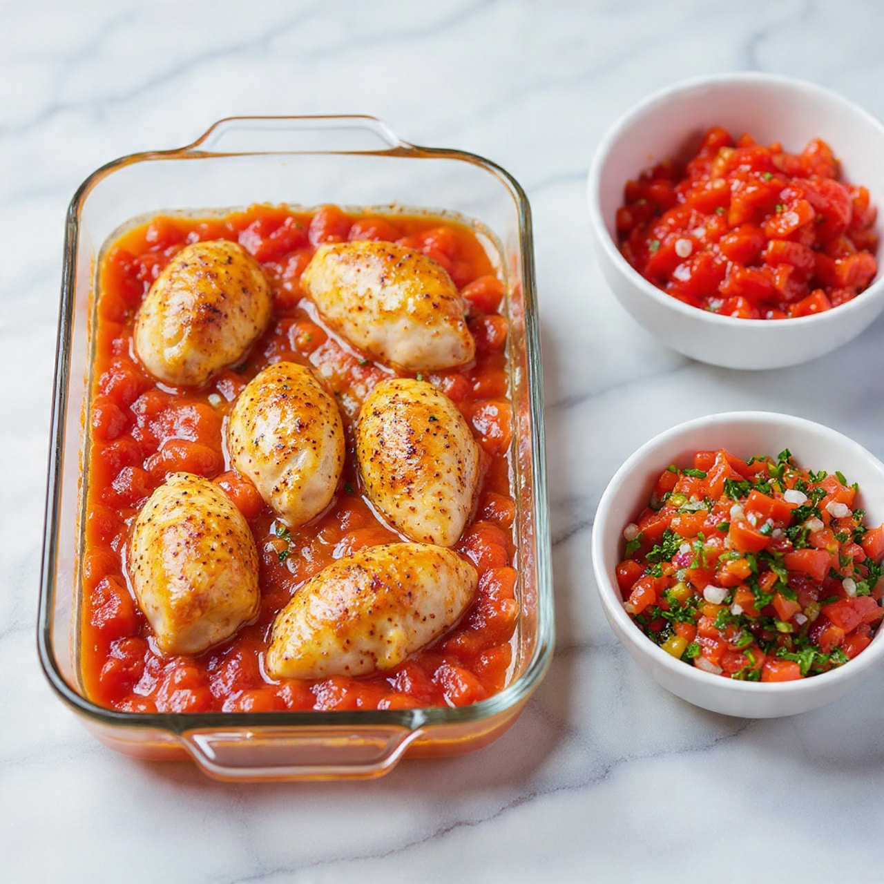 The image shows a clear glass baking dish filled with seven golden-brown, seasoned cooked chicken pieces arranged in two rows over a chunky red tomato sauce layer visible beneath. Next to it is a white bowl filled with a colorful mix of chopped red tomatoes, green herbs, and onions. The background surface has a white marbled texture. photo taken with an iphone --ar 4:5 --v 7