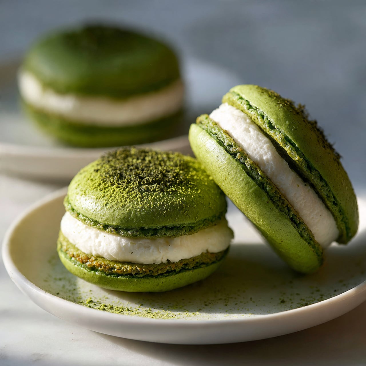 The image shows four round green cookies arranged on a white plate with a white marbled texture background. Each cookie has a cracked surface and is topped with a thick layer of white cream spread unevenly on top. The cream is sprinkled generously with a light brown powder, giving a textured look. The cookies are close together, filling the center of the plate, and the focus is sharp on the cookie in the front, showing detailed cracks and texture of both cookie and cream. Photo taken with an iphone --ar 4:5 --v 7