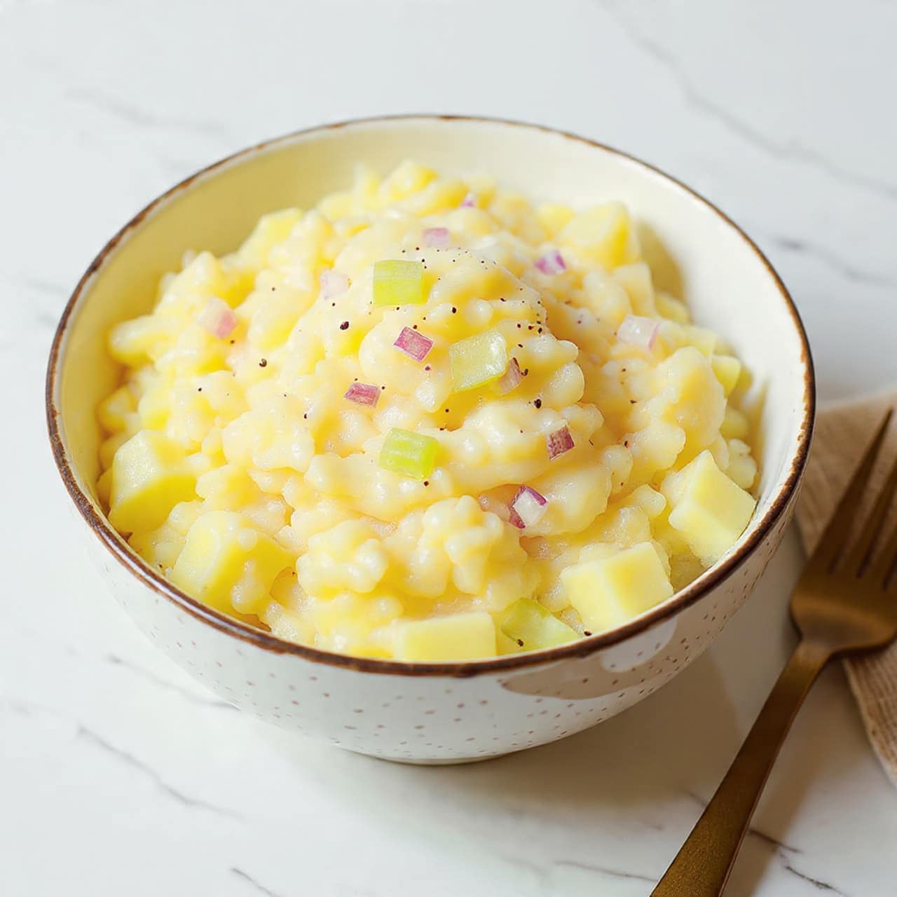 A close-up view of creamy potato salad in a white speckled bowl with a dark rim, placed on a white marbled surface. The salad has a chunky texture with off-white mashed potato pieces mixed with small light green celery slices and finely chopped red onion bits scattered throughout. The potato skin is visible in medium-sized patches, giving a rustic look to the dish. Next to the bowl, there is a bronze-colored serving fork partially shown. Photo taken with an iphone --ar 4:5 --v 7