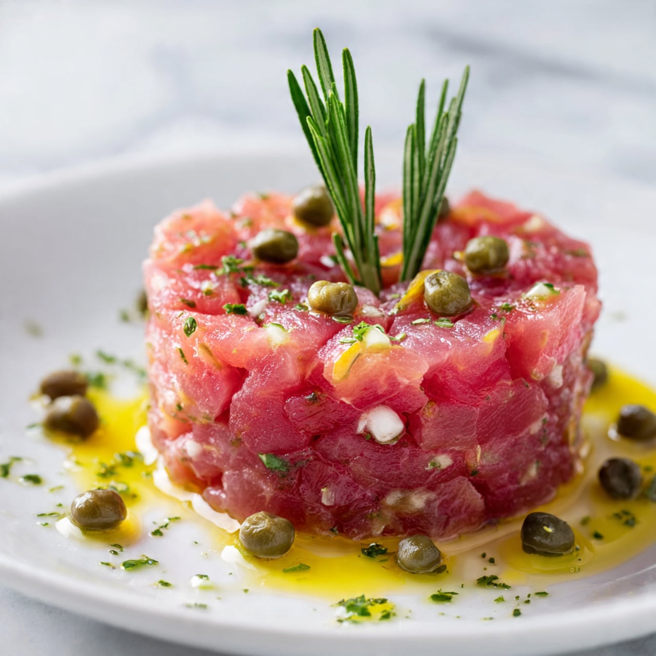 The image shows a round stack of pinkish raw tuna mixed with small white pieces, topped with small green capers and garnished with two green rosemary sprigs standing upright. The tuna has a smooth, finely chopped texture. Around the base of the stack, there are scattered capers and small green herbs, with a drizzle of yellow olive oil pooling on the white plate. The background features a white marbled surface. photo taken with an iphone --ar 4:5 --v 7