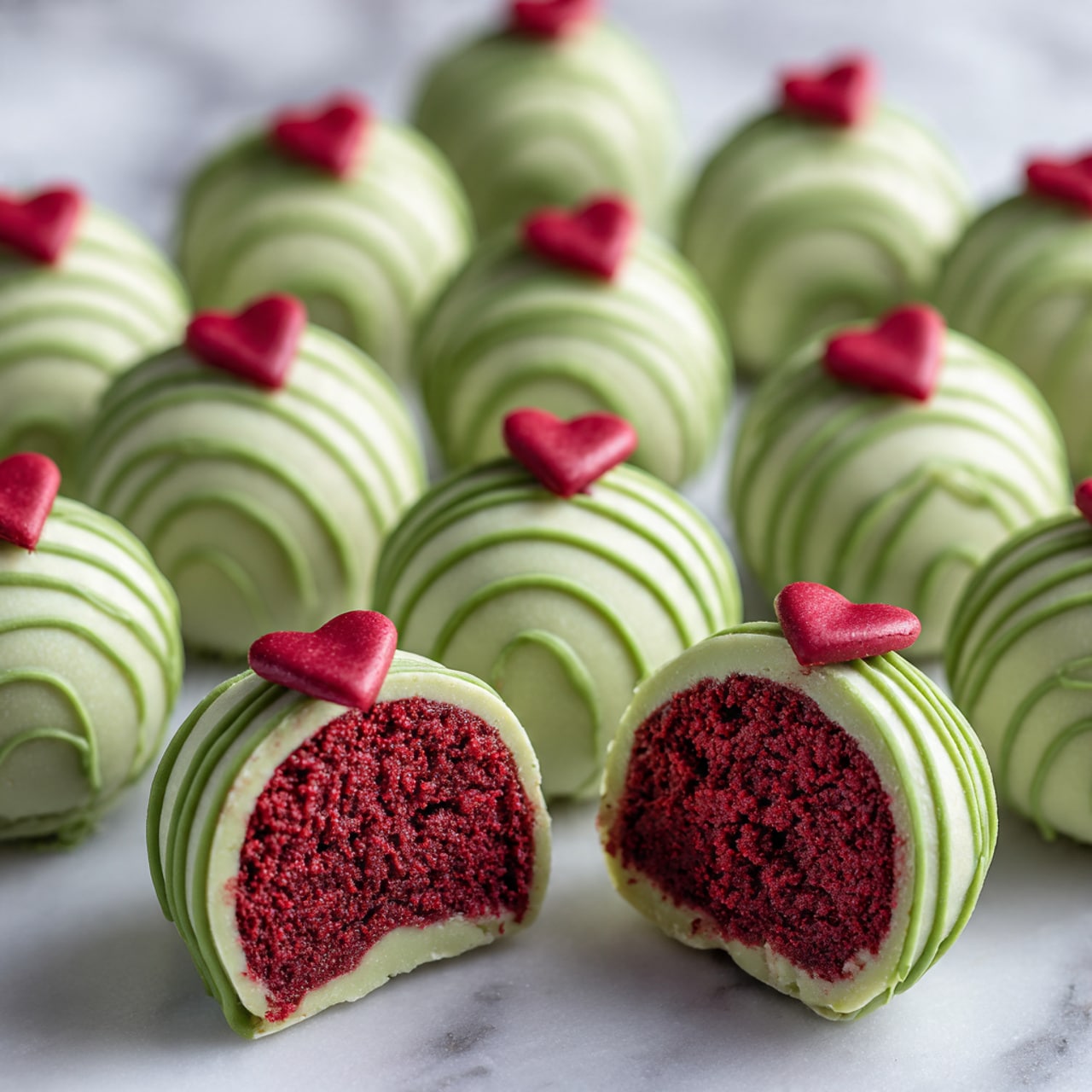 The image shows many round green cake balls arranged closely together. Each cake ball has a smooth, light green outer layer decorated with thin darker green swirled lines. On top of each ball, there is a small red heart-shaped decoration. Two cake balls are open, showing a deep red, soft inside with a crumbly texture. All the cake balls sit on a white marbled surface. photo taken with an iphone --ar 4:5 --v 7