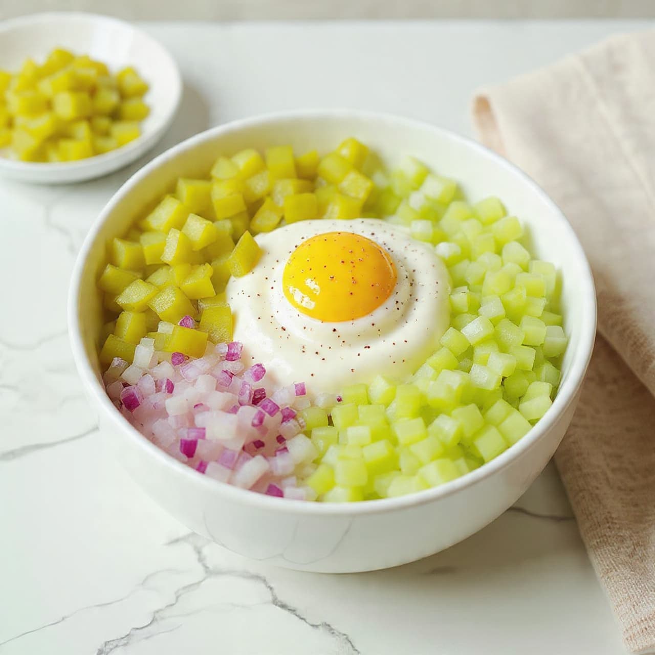 A white bowl is filled with a layered mix of ingredients: diced green pickles in the top left section, a creamy white scoop of dressing with a small dollop of yellow mustard in the center, chopped light green celery on the right, and finely chopped purple red onions in the bottom left. A sprinkle of black pepper is placed between the pickles and the cream. The bowl sits on a white marbled surface. Photo taken with an iphone --ar 4:5 --v 7