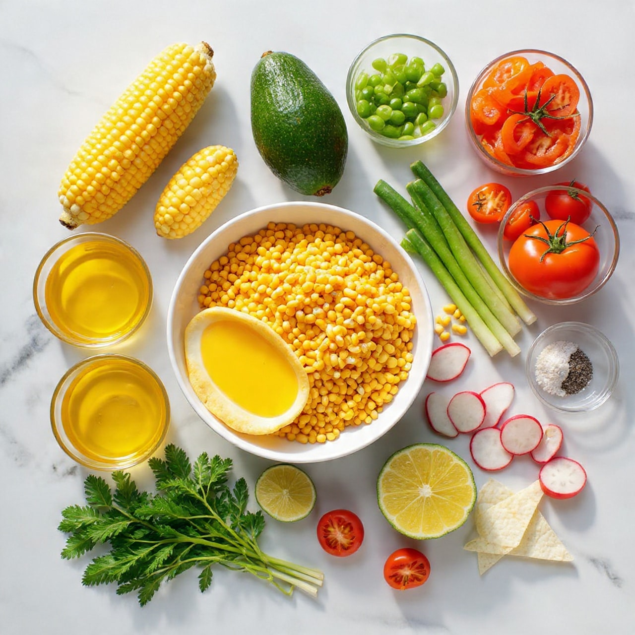 The image shows a collection of fresh ingredients arranged on a white marbled surface. There are two ears of yellow corn stacked side by side towards the right, with a whole dark green avocado placed next to them. Surrounding these are several clear bowls placed in a loose cluster: one contains golden yellow oil, another holds curly yellow corn chips, a bowl filled with halved small red tomatoes, another with bright red chopped pieces, a bowl of black beans, one with chopped green onions, and a bowl of thinly sliced white and red radishes. In between the bowls are fresh green herbs and two whole green limes, along with a small bowl containing a mix of salt and black pepper. The colors are bright and fresh, and the layout is neat and inviting, with all items clearly visible and well spaced. photo taken with an iphone --ar 4:5 --v 7