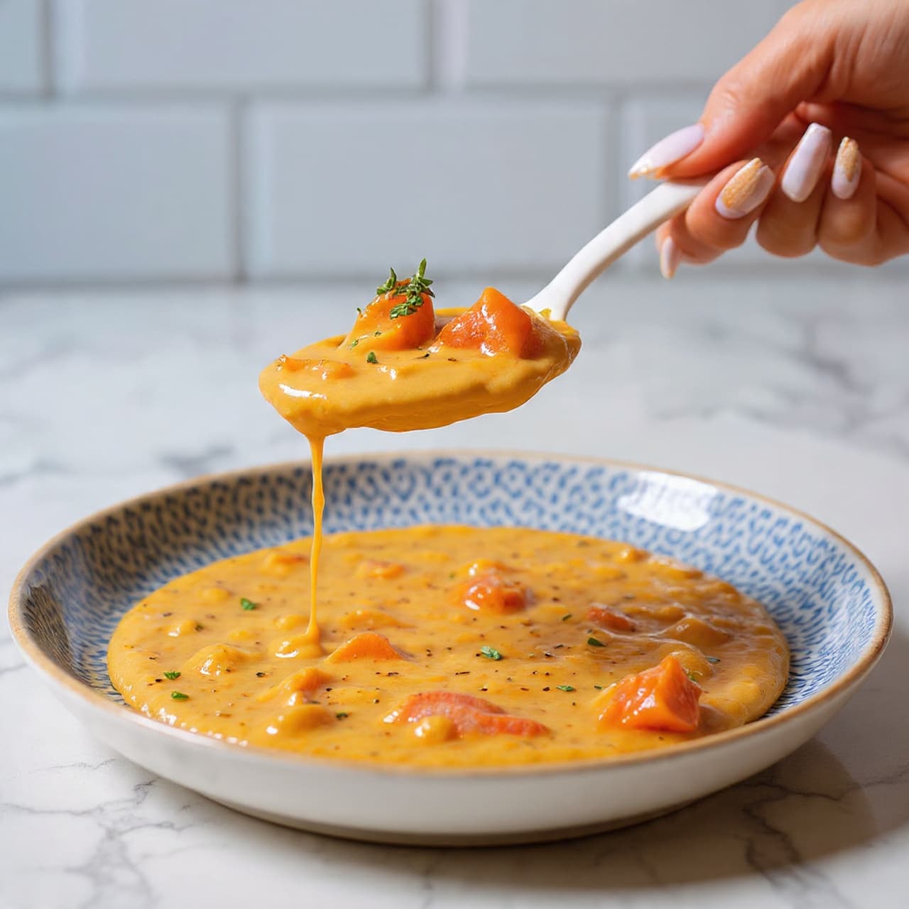 The image shows a white plate with two flaky layers of biscuit dough covered in a thick, creamy orange gravy with small chunks of red, likely tomatoes or peppers. On top of the gravy, there are several crispy dark brown bacon pieces scattered, adding a crunchy texture. To the side of the biscuit and gravy, bright green parsley leaves add a fresh color contrast. The plate sits on a white marbled surface, giving a clean and bright look. photo taken with an iphone --ar 4:5 --v 7
