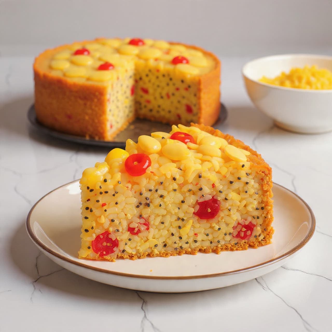 A slice of poppy seed cake with bright red cherries inside is placed on a white plate with a thin brown rim, sitting on a white marbled surface. The cake slice has a golden-brown crust and a light beige inside filled with many tiny black poppy seeds and scattered cherries. Behind the slice, the rest of the poppy seed cake loaf is visible with a darker brown crust and more cherries on top. Soft natural light shines from the side, creating warm highlights and shadows on the cake and plate. Photo taken with an iphone --ar 4:5 --v 7
