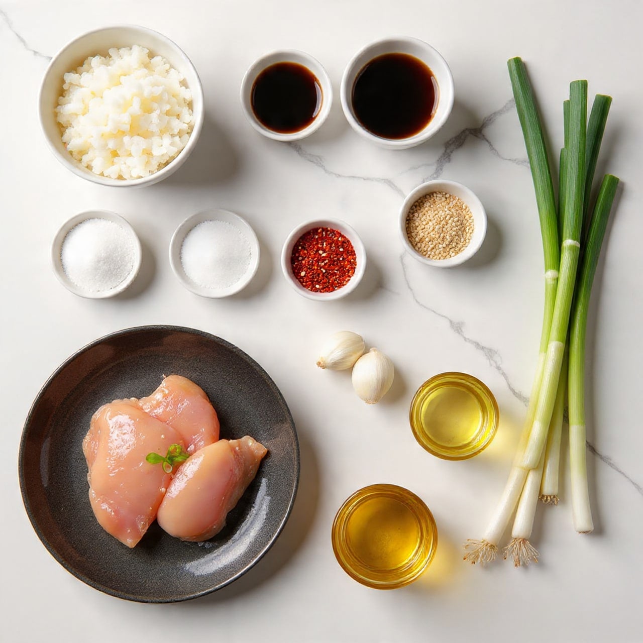 The image shows several ingredients neatly arranged on a white marbled surface. At the bottom left, there is a dark plate filled with six pieces of raw pink chicken thighs. Around the plate are small bowls and containers holding different items: a bowl of white rice at the top right, two bowls with dark soy sauce to the top left and center right, two small bowls with white granulated sugar and coarse salt, a small bowl with red chili flakes, another small bowl with sesame seeds and one with white sesame seeds. There are three cloves of garlic placed beside a small glass container of golden cooking oil. To the far right, there is a bunch of long green onions with white roots. Three small glass containers filled with more golden cooking oil are placed near the center and bottom right side. Photo taken with an iphone --ar 4:5 --v 7