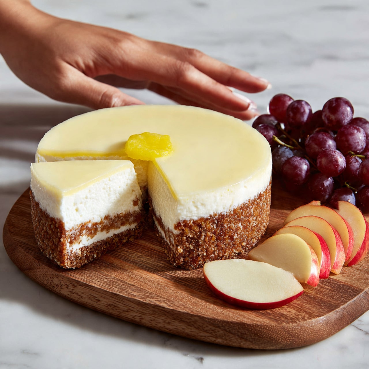 A small round cheesecake placed on a wooden board with a slice removed, showing three layers: a crumbly brown crust on the bottom, a thick creamy white middle cheese layer, and a shiny white top layer with a small dot of yellow. To the side of the cheesecake, there is one slice standing up, showing the layers clearly. Near the cheesecake are a few apple slices with red skin and a cluster of purple grapes. A woman's hand rests near the cheesecake, and the background is a white marbled texture. photo taken with an iphone --ar 4:5 --v 7