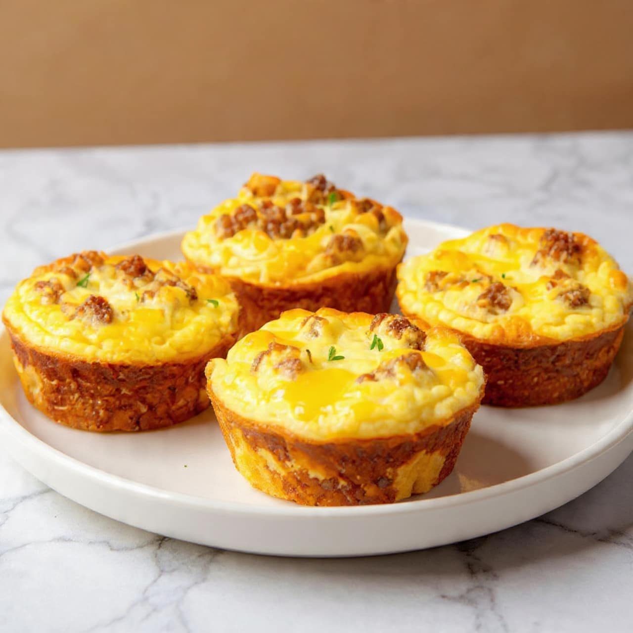 Four golden-brown muffins sit closely together on a smooth white plate, each muffin showing a slightly crispy, textured outer crust that is darker brown at the base. The muffin tops are textured with melted cheese in a bright yellow-orange color mixed with small bits of browned meat, creating a bubbly, uneven surface that glistens in the light. The background shows a soft blur with warm tones, making the muffins the clear focus of the image, all placed on a surface with a white marbled texture. photo taken with an iphone --ar 4:5 --v 7