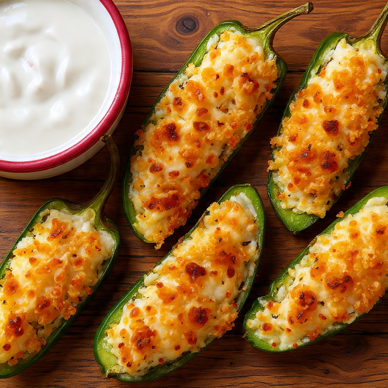 The image shows three stages of making stuffed jalapeños. The first part has bright green jalapeños sliced in half with seeds inside, placed on a brown wooden board with a large knife next to them. The second part shows the jalapeños filled with a creamy white mixture with a light orange tint, arranged neatly on the same wooden board. The third part is a close-up of the stuffed jalapeños on a baking tray, topped with golden brown crumbs adding a crunchy look. The background surface is a white marbled texture, and a jar with more creamy filling is visible near the wooden board. photo taken with an iphone --ar 4:5 --v 7