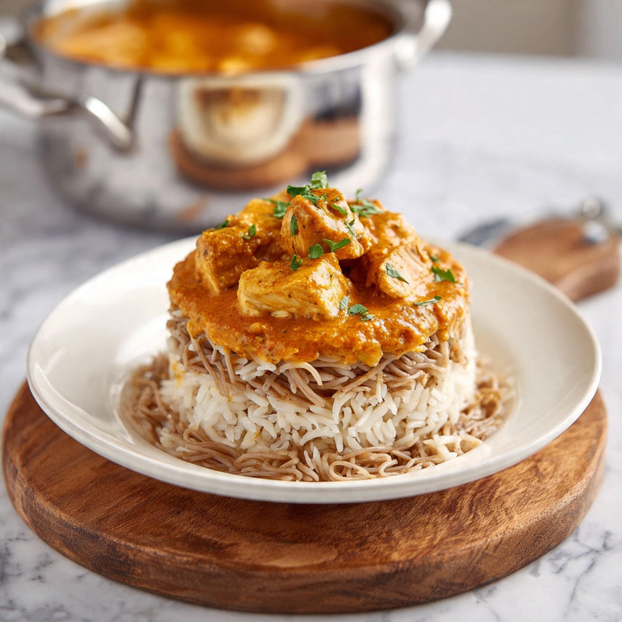 The image shows a white plate stacked with three layers centered on a wooden board over a white marbled surface. On the bottom, there is a base of cooked rice with white and light brown grains. Above the rice, there is a layer of long brown noodles. On top, there is a thick orange sauce covering pieces of cooked chicken, garnished with small green herb leaves. In the background, a shiny silver pot is slightly out of focus. The photo has warm lighting and a natural look. photo taken with an iphone --ar 4:5 --v 7