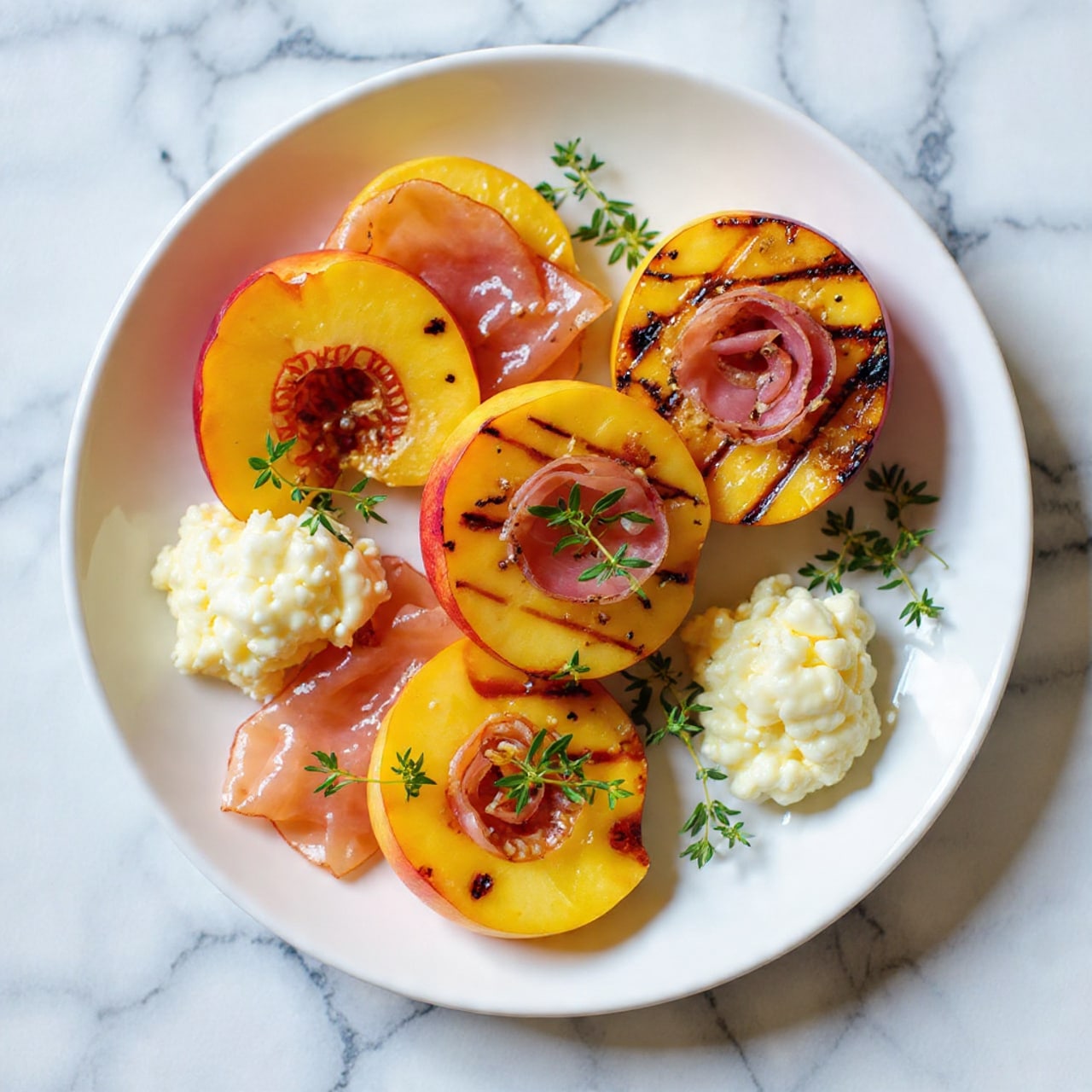 The image shows a white plate with several layers arranged neatly. At the bottom, there are fresh peach slices with a soft orange and pink color. On top of these slices, thin pieces of grilled prosciutto are draped, showing light brown grill marks and a shiny texture. Small dollops of white creamy cheese are scattered over the prosciutto and peach slices, and small green herb leaves are placed around for decoration. The plate sits on a white marbled surface. photo taken with an iphone --ar 4:5 --v 7