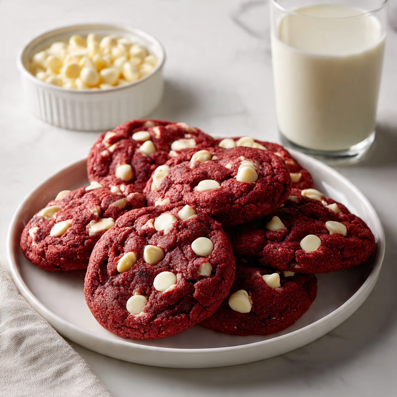 A white plate holds seven thick, soft red velvet cookies evenly dotted with white chocolate chips on top, each cookie showing a slightly cracked surface texture. Beside the plate, a small bowl filled with white chocolate chips is placed on a white marbled surface. A clear glass filled with creamy white milk is nearby, completing the cozy, warm setting. The colors focus on deep red cookies, bright white chips, and the smooth milk, all set against the subtle white marbled background. photo taken with an iphone --ar 4:5 --v 7