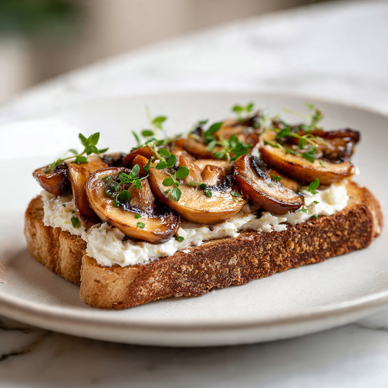 A slice of toasted brown bread topped with a layer of creamy white spread, over which several slices of golden-brown roasted mushrooms are neatly arranged in a slightly overlapping pattern. The mushrooms have a crispy, textured surface with hints of darker brown roasted edges. Small green herb pieces are sprinkled lightly on top, adding a fresh contrast, all placed on a white plate resting on a white marbled texture. Photo taken with an iphone --ar 4:5 --v 7