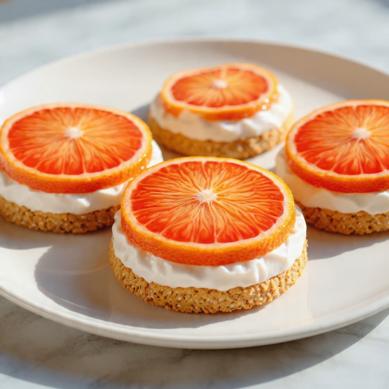 The image shows four round cookies on a white plate with a white marbled surface below. Each cookie has three visible layers: the bottom layer is a light brown, crumbly textured cookie base; the middle layer is a thick, creamy white frosting spread unevenly with soft peaks and swirls; the top layer is a thin, translucent orange and deep red blood orange slice centered perfectly on the frosting, showing detailed segments and a glossy surface. The focus is close-up, showing texture clearly in soft natural lighting. Photo taken with an iphone --ar 4:5 --v 7