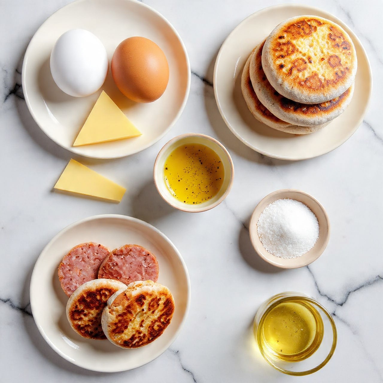 The image shows ingredients on a white marbled surface arranged neatly. In the top left are two white eggs and two brown eggs placed side by side. Below the eggs is a white plate with several stacked slices of yellow cheese. To the right, a white plate holds four toasted golden brown English muffins stacked unevenly. A small beige bowl with olive oil and black pepper sits between the cheeses and muffins. Below the eggs and to the left of the muffins are four raw sausage patties in a white bowl with a slightly darker rim, each patty round and marbled in red and pink. To the right of the sausage patties is a small light-colored dish filled with coarse white salt. Below the salt dish is a small clear glass container with more olive oil. All items are set on a clean white marbled background. Photo taken with an iphone --ar 4:5 --v 7