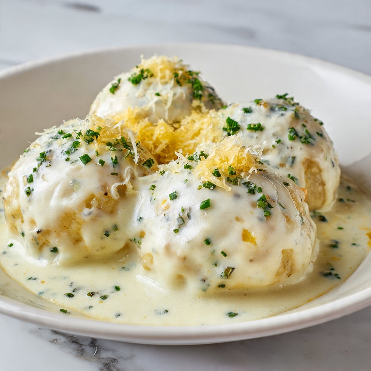 The image shows three round dumplings in a close-up view, covered with a thick, creamy white sauce that has a smooth texture and some shiny spots reflecting light. The dumplings are light golden brown on top with a slightly crispy surface and sprinkled with finely chopped green herbs. There is a small sprinkle of grated cheese on top of the dumplings adding a thin layer of texture. They sit on a white plate with a subtle shadow and the background is a white marbled surface. The photo taken with an iphone --ar 4:5 --v 7
