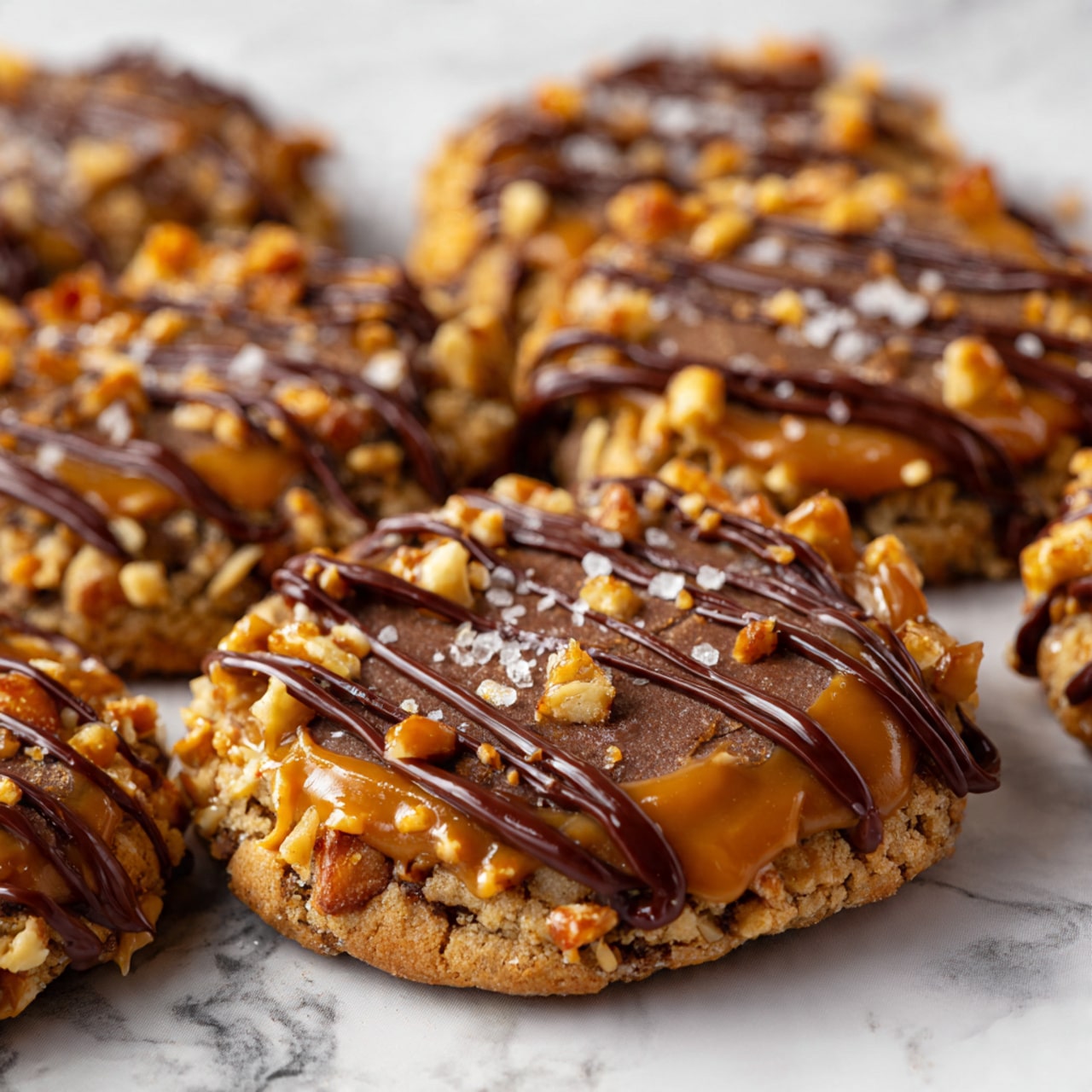 The image shows several round chocolate cookies topped with a thick layer of caramel and sprinkled with chopped nuts around the edge. On top of the caramel and nuts, there are wavy lines of dark chocolate sauce drizzled across each cookie. The cookies are placed close together on a surface with a white marbled texture. The chocolate drizzle has a shiny, smooth look, and some flakes of sea salt are visible on top, adding a slight sparkle to the rich, textured toppings. photo taken with an iphone --ar 4:5 --v 7