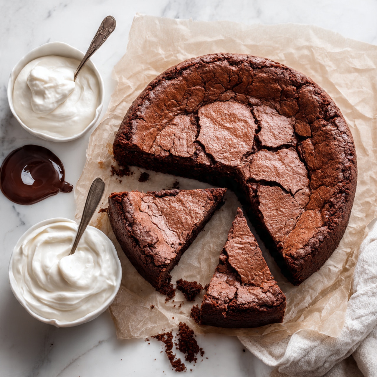 A single slice of chocolate cake is shown on a white plate, placed on a white marbled surface. The cake has two layers: the bottom layer is a thick, dark brown, moist and crumbly chocolate base with a soft texture, and the top layer is a smooth, glossy dark chocolate frosting spread evenly over the cake. There is a light dusting of white powdered sugar sprinkled on top of the frosting, adding contrast to the dark chocolate colors. The photo taken with an iphone --ar 4:5 --v 7