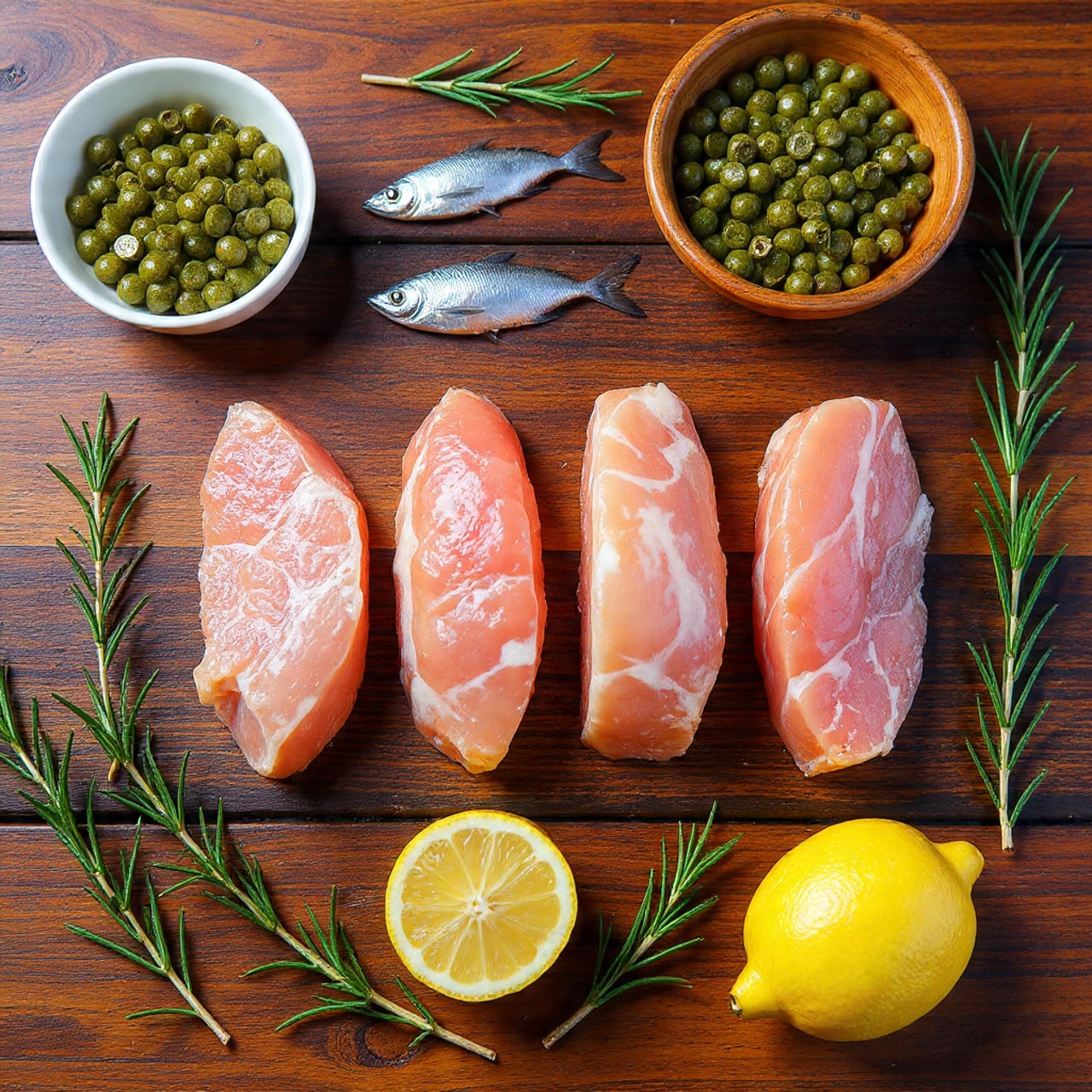 A top view of four raw pink veal slices arranged in a straight line on a wooden surface with some small silver fish above them. Around the meat are two small white bowls filled with green capers, one wooden bowl also filled with capers, a whole yellow lemon, and a yellow lemon half placed near the center. Sprigs of fresh rosemary are scattered around the items, adding green touches to the rich brown wood background. The scene has a natural and fresh look with a rustic feel. Photo taken with an iphone --ar 4:5 --v 7