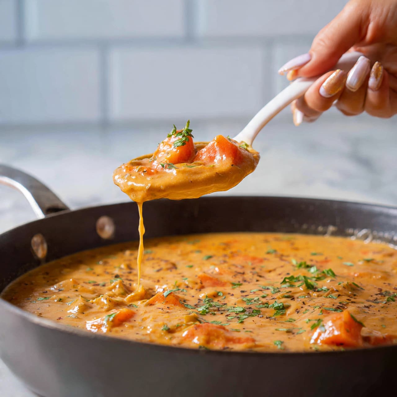 A close-up image of a thick stew in a dark pan with a white handle on the spoon. The stew has a creamy orange color with visible chunks of soft, orange vegetables floating in it. The spoon is lifting a scoop of the stew, showing the smooth texture mixed with the vegetable pieces. The background has a blurred white tiled wall and a surface replaced with a white marbled texture. A woman's hand is holding the spoon near the top right of the image. photo taken with an iphone --ar 4:5 --v 7