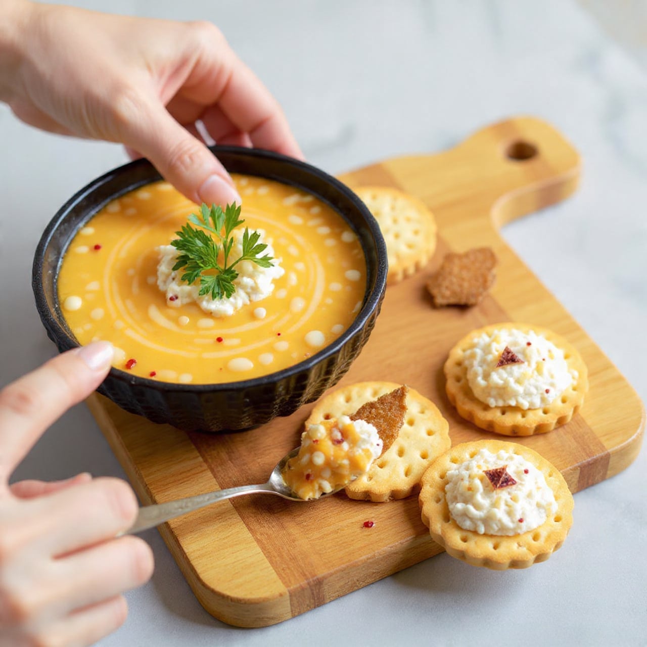 A bowl filled with a creamy mixture that has small chunks of orange and red pieces throughout, giving it a textured look. The bowl is dark and sits on a wooden board with a white marbled surface beneath. On top of the mixture is a small green garnish. A woman's hand is holding a round, golden cracker with a spoonful of the creamy mixture, topped by a small piece of crispy brown food. Two more crackers with the same topping sit on the white marbled surface near the bowl. Photo taken with an iphone --ar 4:5 --v 7