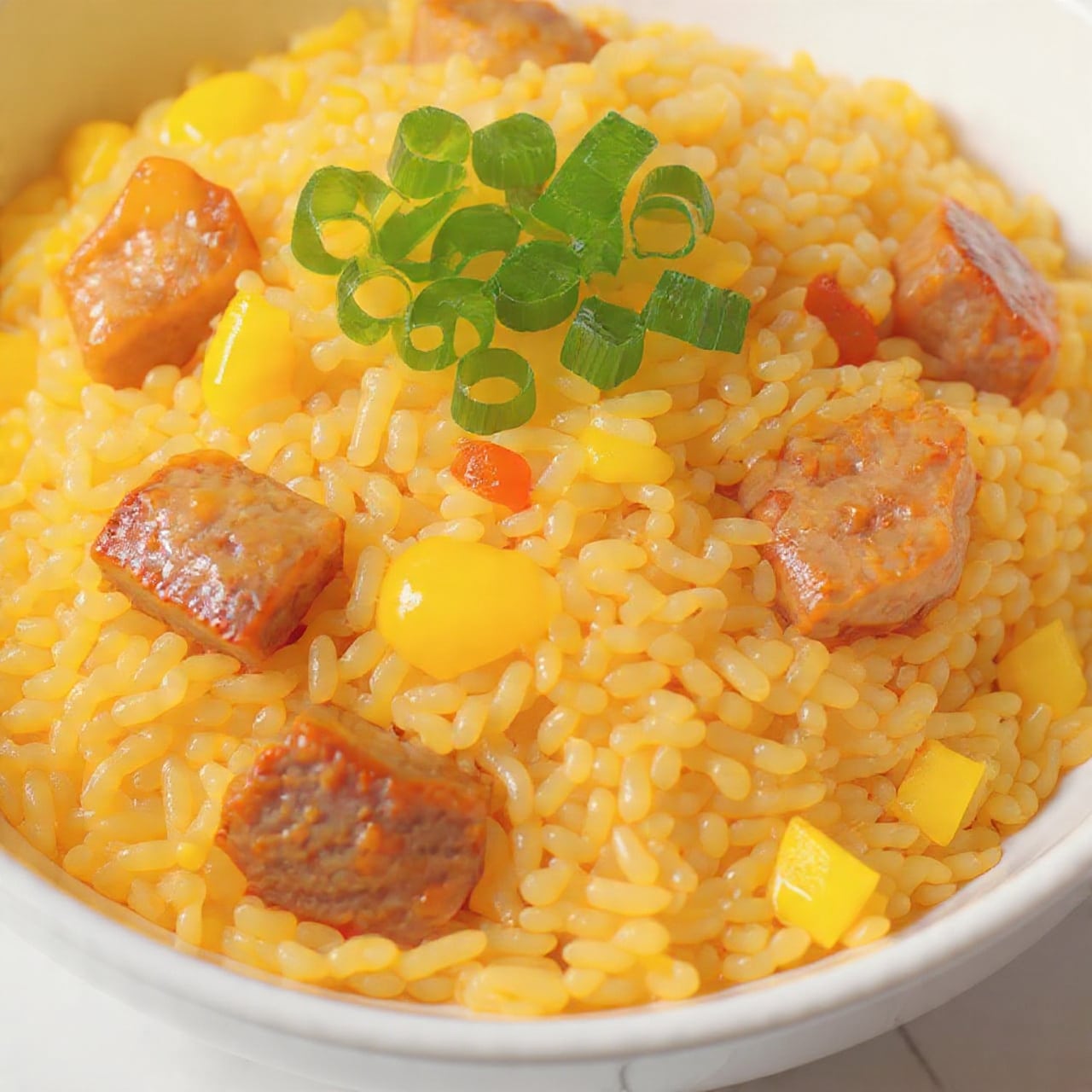 A close-up image of fried rice served in a white bowl, appearing as one layer filled with small pieces of golden-brown rice mixed with browned, crisped meat cubes that have a deep reddish-brown color. Scattered evenly across the dish are small bits of yellow egg and bright green chopped scallions that add a fresh contrast to the warm tones of the rice and meat. The texture looks slightly oily and glossy, with some pieces toasted for a crispy effect, all sitting on a white marbled surface. Photo taken with an iphone --ar 4:5 --v 7