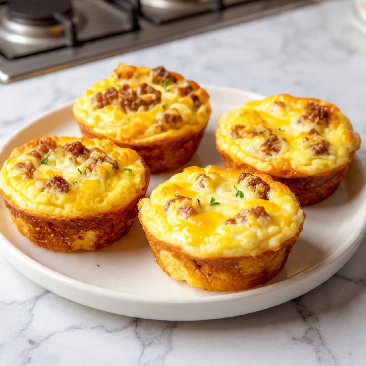 Four baked muffins sit closely together on a plain white plate resting on a white marbled surface. Each muffin has a golden-brown base, crispy at the edges, with a textured top layer of melted pale yellow cheese mixed with small bits of browned sausage evenly spread over the surface. The cheese is slightly bubbly and browned in some spots, giving a warm, freshly cooked look. The background is blurred, showing a stovetop with dark grates. photo taken with an iphone --ar 4:5 --v 7