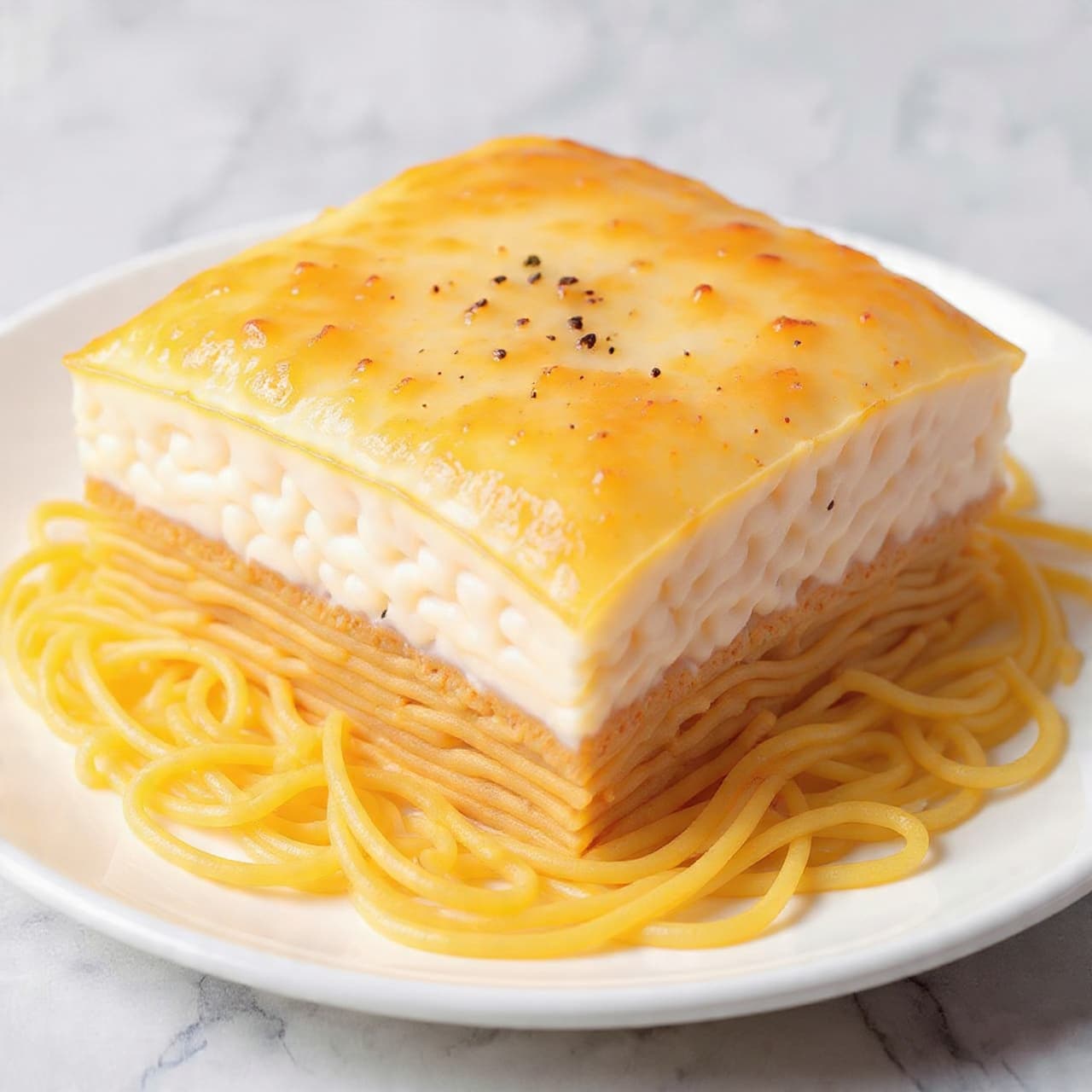 A close-up view of a three-layer lasagna slice shows cooked pasta sheets forming the base and middle layers, with a creamy, light beige sauce and small pieces of cooked filling between them. The top layer is a bubbly, golden brown cheese crust with darker toasted spots and sprinkled black pepper. The textures vary from smooth and creamy sauce to cheesy, slightly crisp browned bits on the top, all sitting on a white marbled surface. Photo taken with an iphone --ar 4:5 --v 7