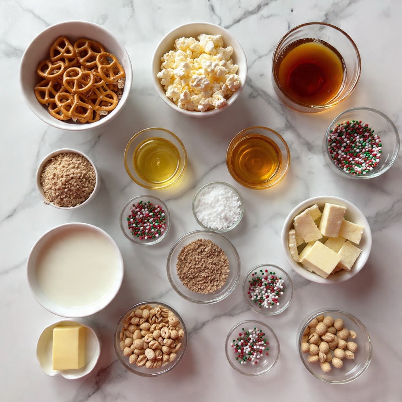 The image shows 13 bowls and small plates arranged neatly on a white marbled surface. The top left has a white bowl full of golden brown pretzels, next to it on the right is another white bowl filled with light, fluffy popcorn. Below the pretzels is a white bowl containing light yellow cubed cheese. Centered in the middle is a glass bowl with amber-colored honey, and on the right, a glass bowl holds a dark reddish syrup. Below honey is a tiny glass bowl with a pale golden liquid, and next to it is a white bowl filled with red, green, and white round sprinkles. Beneath the cubed cheese is a broken white bowl with light brown powder, and next to that is a large white bowl with white milk. To the bottom left is a white bowl filled with light brown peanuts. Below the sprinkles are two small glass bowls, one with white sugar and the other with red, green, and white round sprinkles. Near the bottom center is a small transparent plate with a square of pale yellow butter. The bowls and plates create a balanced, colorful layout of snack ingredients. Photo taken with an iphone --ar 4:5 --v 7