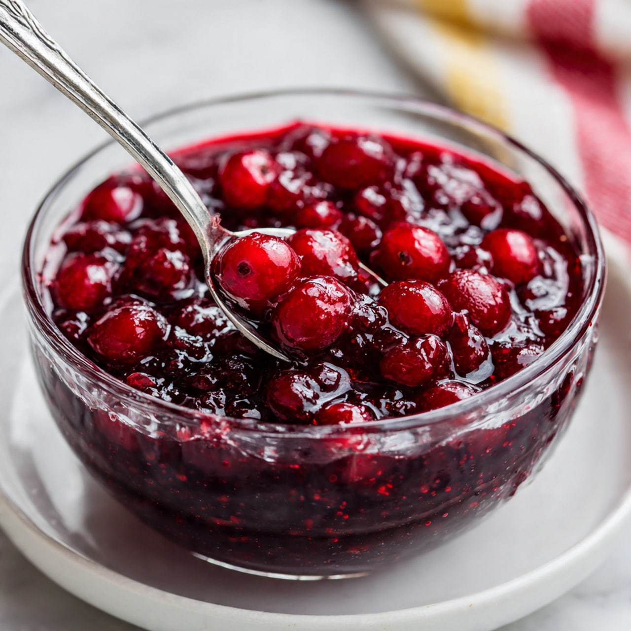 A clear glass bowl filled with a deep red, thick, chunky sauce made of whole and crushed cranberries, creating a shiny, gel-like texture. A silver spoon is stirring the sauce, with the bowl placed on a white plate that sits on a white marbled surface with a faint red and yellow fabric visible in the background. The sauce has many rounded, glossy cranberry pieces soaked in a vibrant, syrupy liquid. photo taken with an iphone --ar 4:5 --v 7
