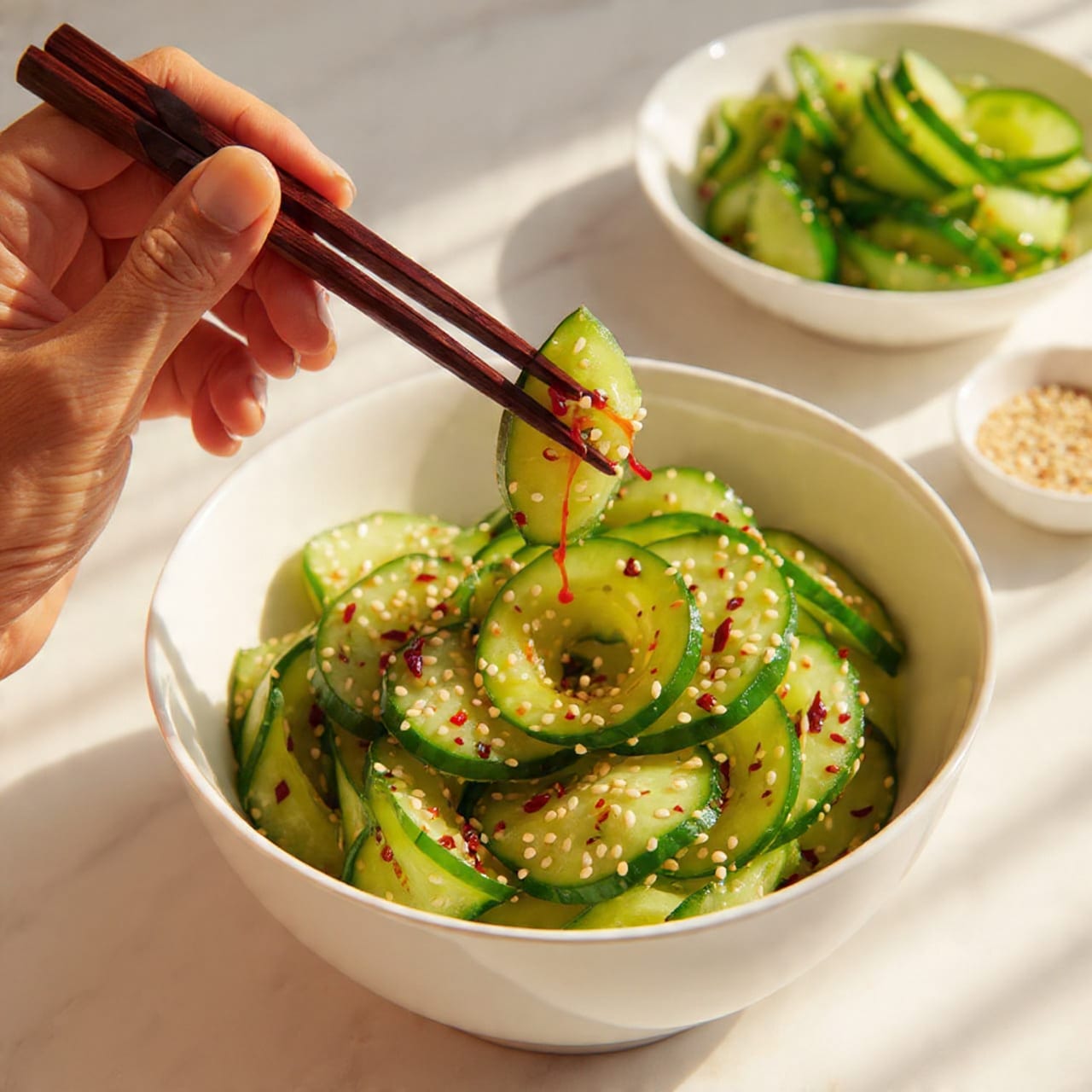 A white bowl filled with spiral-cut green cucumbers coated in a bright red chili oil sauce with visible chili flakes and sesame seeds scattered over the top. The cucumbers are sliced thin and twisted into spiral shapes, creating a layered texture with vibrant green skin and yellowish flesh inside. A woman's hand holding wooden chopsticks lifts one spiral piece above the bowl, showing the glossy, spicy sauce dripping slightly. In the background, there is a white marbled surface with a white dish holding whole cucumbers and a small white bowl containing sesame seeds, softly blurred. Photo taken with an iphone --ar 4:5 --v 7