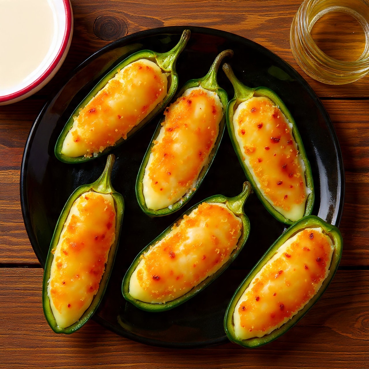 The image shows a white plate filled with eight jalapeño peppers cut in half lengthwise, each generously filled with a creamy white cheese mixture and topped with a golden brown, crispy breadcrumb layer. The jalapeños are a deep green and slightly glossy, with the cheese filling peeking out beneath the crunchy topping. In the background, there is a white bowl with a red rim containing a white dipping sauce, partly out of focus. The plate is set on a white marbled surface, and behind it, there is blurred greenery, adding a fresh touch. photo taken with an iphone --ar 4:5 --v 7