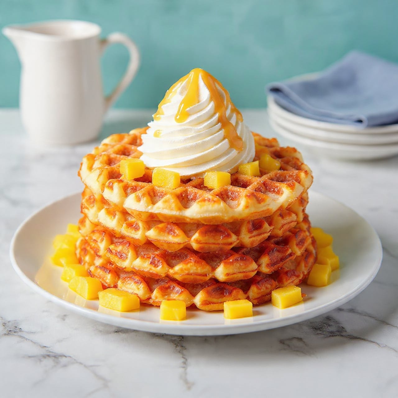 A white plate holds a stack of three cinnamon sugar-coated waffles with a brown, slightly crispy texture. On top and around the waffles, there are small yellow pineapple chunks adding a fresh look. At the very top, there is a dollop of creamy white whipped cream drizzled with golden syrup. The plate sits on a white marbled surface, and in the blurred background, there is a white jug and a small stack of white plates with a blue cloth on top. photo taken with an iphone --ar 4:5 --v 7