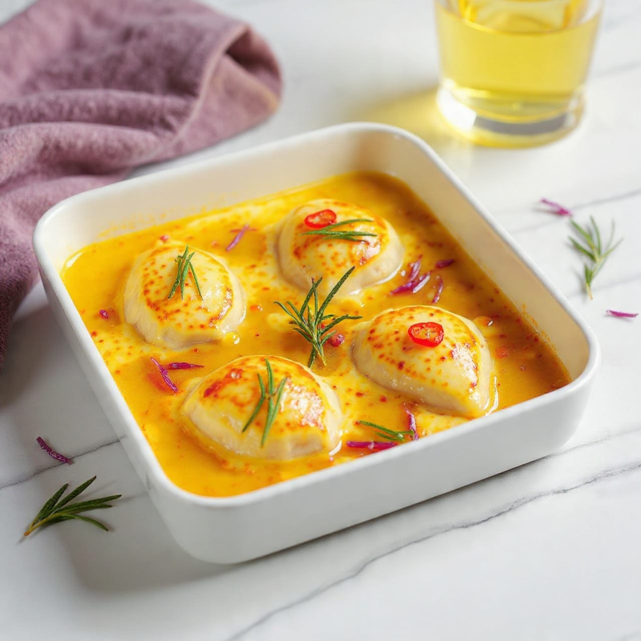 A white baking dish holds four cooked chicken pieces, each with a light golden brown sear on the outside. The chicken is topped with small green rosemary sprigs and bright red chili slices. The baking dish contains a shallow layer of yellowish oil or sauce that adds shine to the chicken. Some purple and red bits of herbs or vegetables are scattered around the chicken in the dish. The dish is placed on a white marbled surface with a folded purple cloth nearby, and a glass of pale yellow drink is visible in the blurred background. Photo taken with an iphone --ar 4:5 --v 7