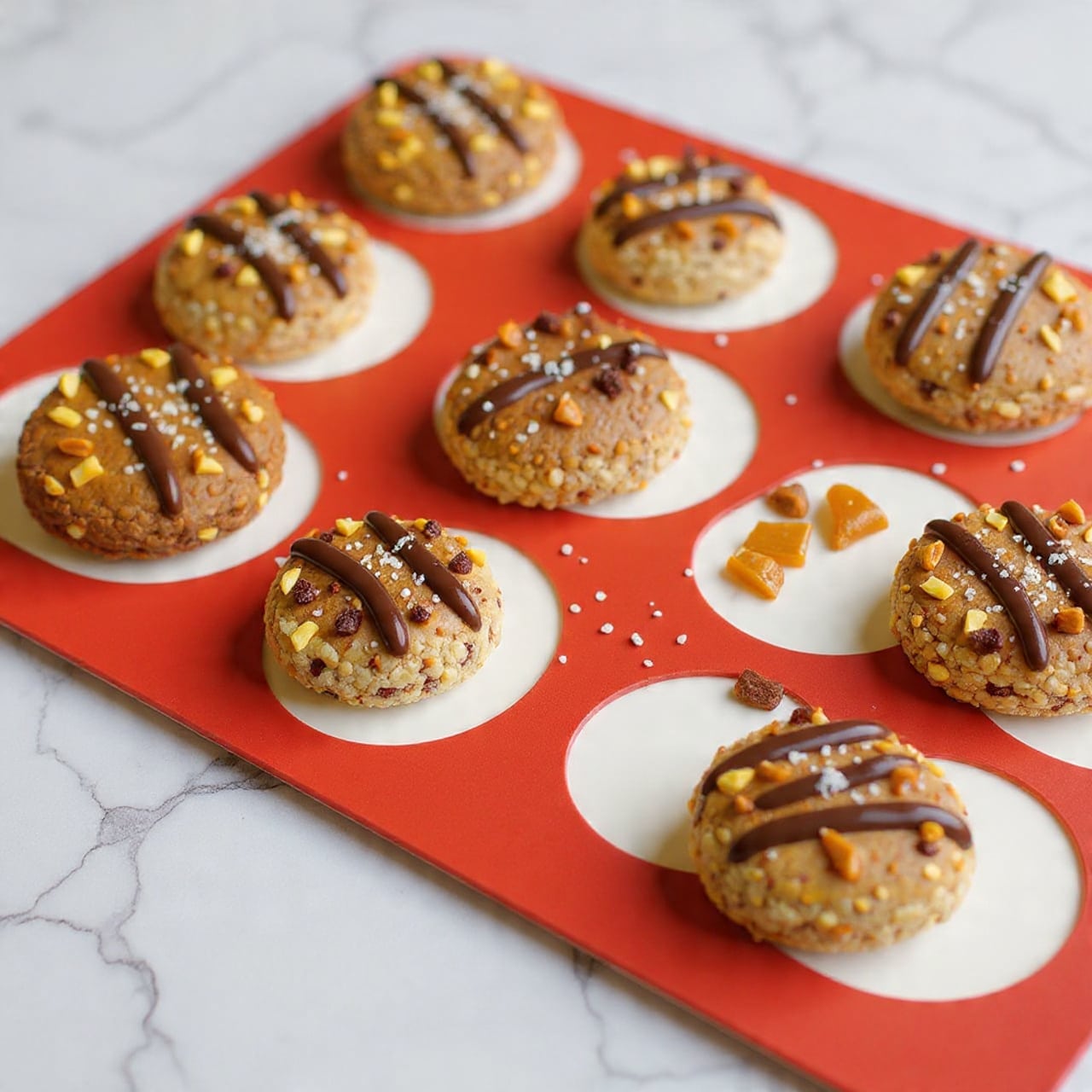 The image shows a red silicone baking mat with round white circles, each holding a small cluster of treats. Each treat has a rough base layer made of light beige chopped nuts, dark brown chocolate bits, and golden caramel pieces mixed together. On top, there are thin dark brown chocolate drizzles in a zigzag pattern, with a light sprinkle of white flakes scattered on many of the clusters. The baking mat sits on a white marbled surface, giving a clean and bright background to the image. photo taken with an iphone --ar 4:5 --v 7