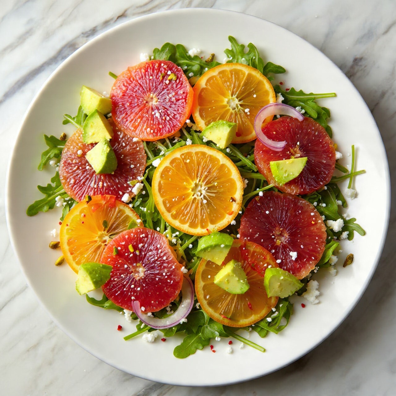 A white plate holds a fresh salad with several layers: the base is green leafy arugula, topped with alternating slices of deep red blood oranges and bright orange citrus. On top of the fruit layers are smooth, pale green avocado slices arranged neatly. The salad is sprinkled with tiny seeds and small red chili flakes, adding texture and color contrast. The plate sits on a white marbled surface, and overall the colors are bright and vibrant. Photo taken with an iphone --ar 4:5 --v 7