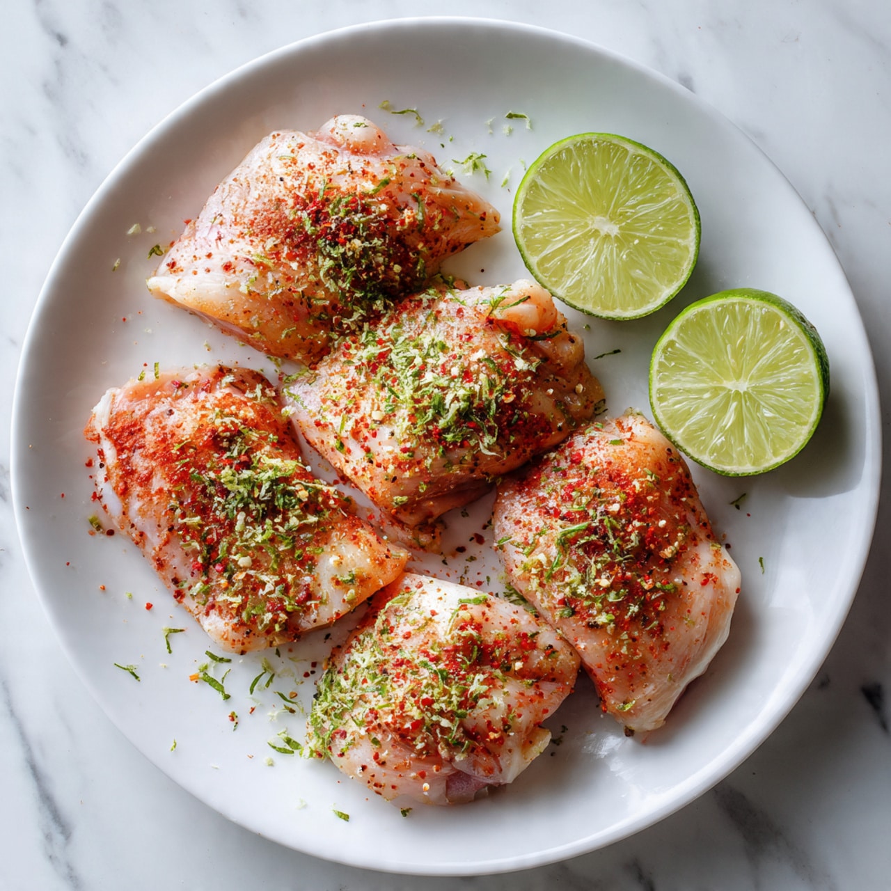 A white plate holds five raw chicken pieces, each sprinkled evenly with a red spice mix and finely grated green lime zest. Two lime halves, one placed near the top right and the other near the bottom right, add bright green contrast. The plate is set on a white marbled surface, and the colors show a mix of pale pink chicken skin with vibrant reds and greens scattered on top. Photo taken with an iphone --ar 4:5 --v 7