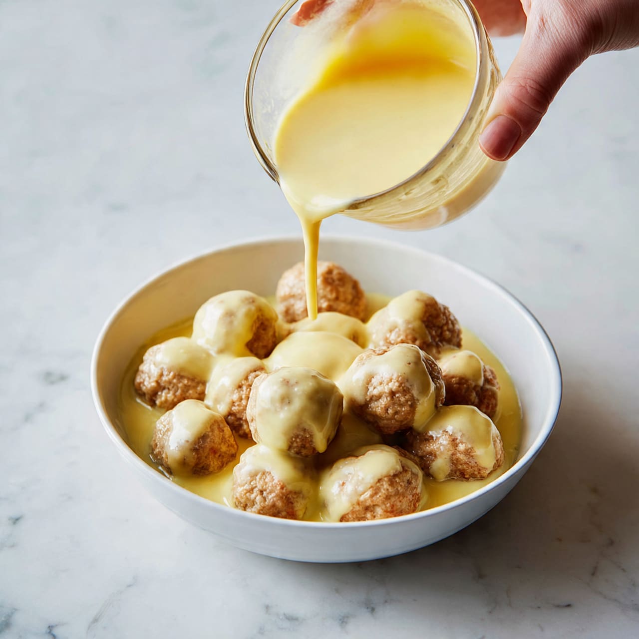 A white bowl filled with round, light beige meatballs covered with a thick, creamy light yellow sauce being poured from a clear glass container. The bowl sits on a white marbled textured surface, and a woman's hand holds the container pouring the sauce slowly over the meatballs. The sauce has a smooth, rich texture that flows gently around the meatballs, partially submerging them. Photo taken with an iphone --ar 4:5 --v 7