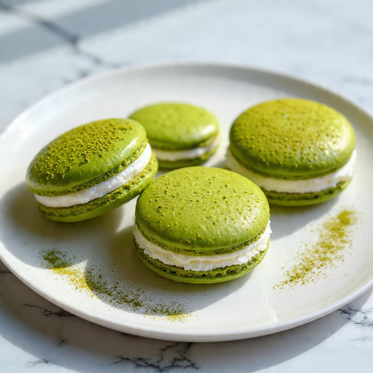 Three green macarons sit on a white plate with a white marbled surface in the background. Each macaron has two green, slightly rough textured cookie layers, with a light brown edge near the bottom. Between the cookie layers is a smooth white cream layer. On top of each macaron is a thick, soft dollop of white cream, sprinkled with green powder. Some green powder is also scattered on the plate near the front macaron. The photo taken with an iphone --ar 4:5 --v 7