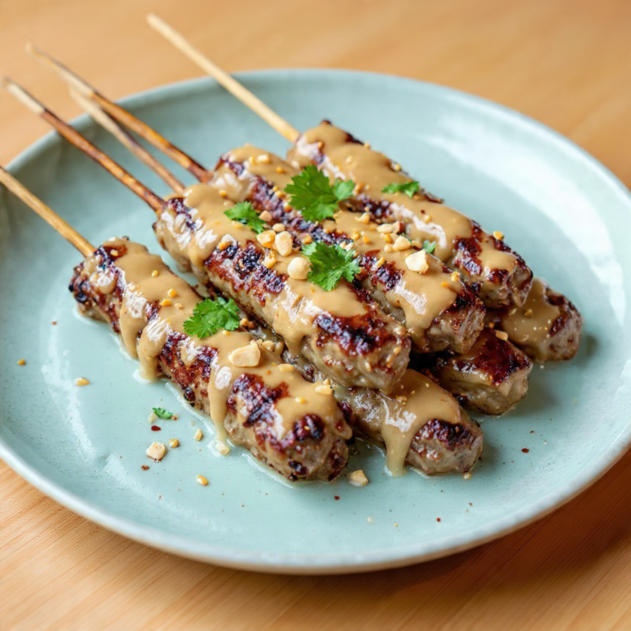 Irresistible Thai Chicken Satay with Peanut Sauce Recipe 5 Four wooden skewers with grilled chicken pieces are laid in a row on a white plate. Each skewer has about five to six pieces of chicken with dark brown grill marks. A thick light brown peanut sauce covers the chicken pieces unevenly, dripping slightly onto the plate. Small chunks of chopped peanuts and bright green chopped herbs are sprinkled on top, adding texture and color contrast. The plate rests on a white marbled surface. photo taken with an iphone --ar 4:5 --v 7