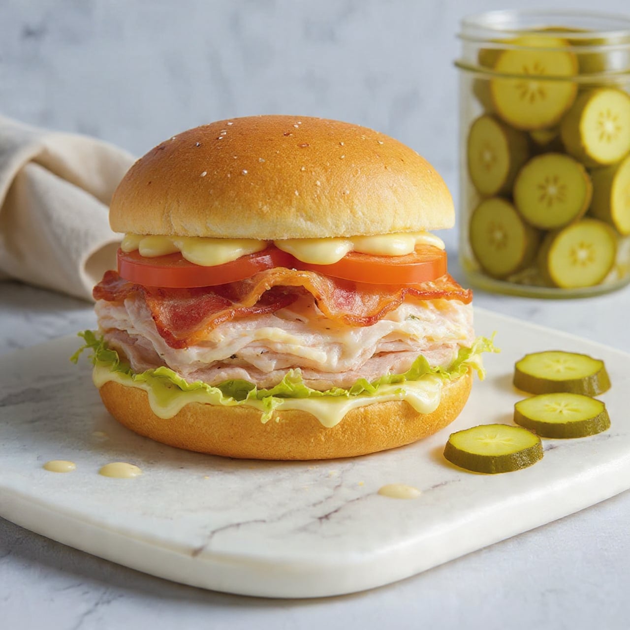 The image shows a sandwich with three visible layers on a white marbled surface. The bottom layer is a soft, lightly toasted round bun with a smooth texture and light golden brown color. On top of the bun is a thick layer of creamy chicken salad mixed with mayonnaise, small pieces of chicken, and black pepper specks, giving it a pale color with a lumpy texture. Above this, there is a neat row of sliced pickles with dark green edges and lighter green centers. The top layer is the other half of the toasted bun, slightly rounded and golden brown. There are some drops of creamy sauce and a couple of pickle slices placed on the white marbled surface around the sandwich. Photo taken with an iphone --ar 4:5 --v 7